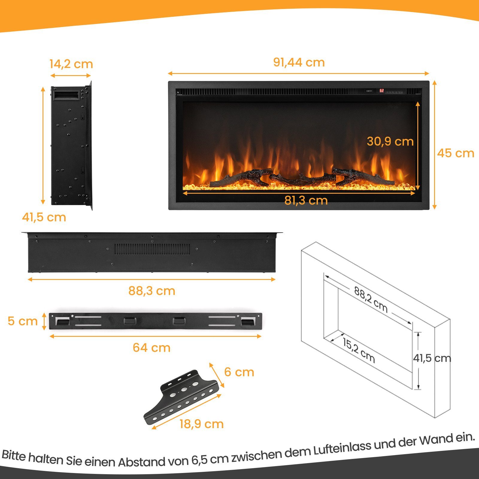 COSTWAY Elektrokamin, 750W/1500W, für 36
