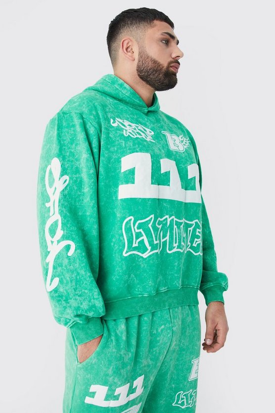 Plus kastiger gerippter Oversize Trainingsanzug mit Print