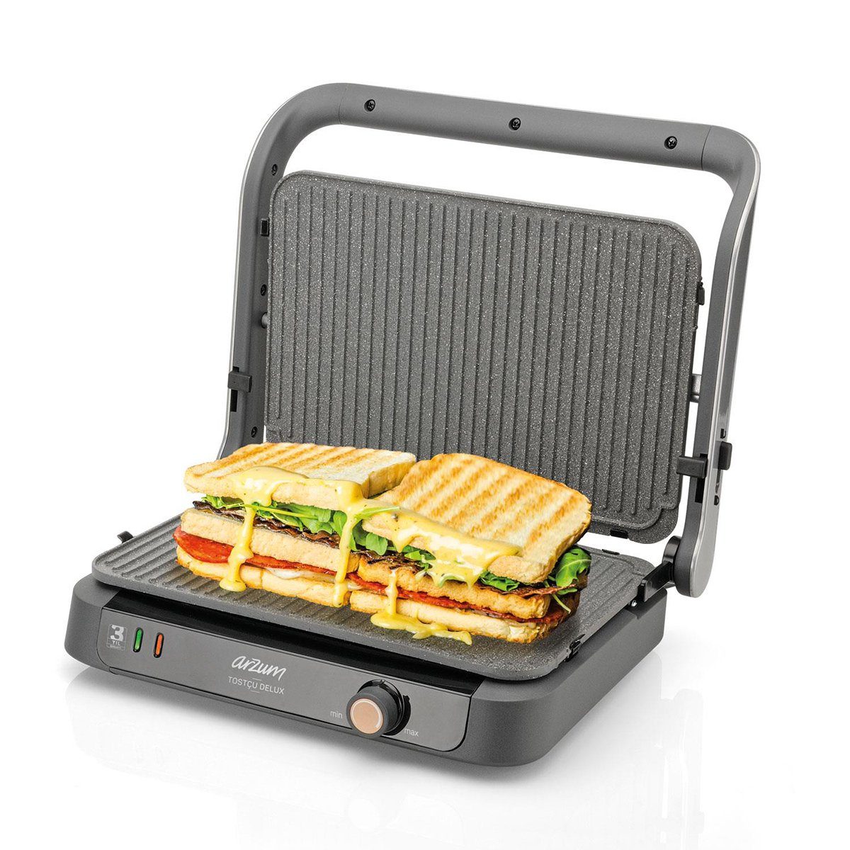Arzum Sandwichmaker Sandwichmaker, Antihaft-Gusseisenplatte in Granitoptik, Edelstahl