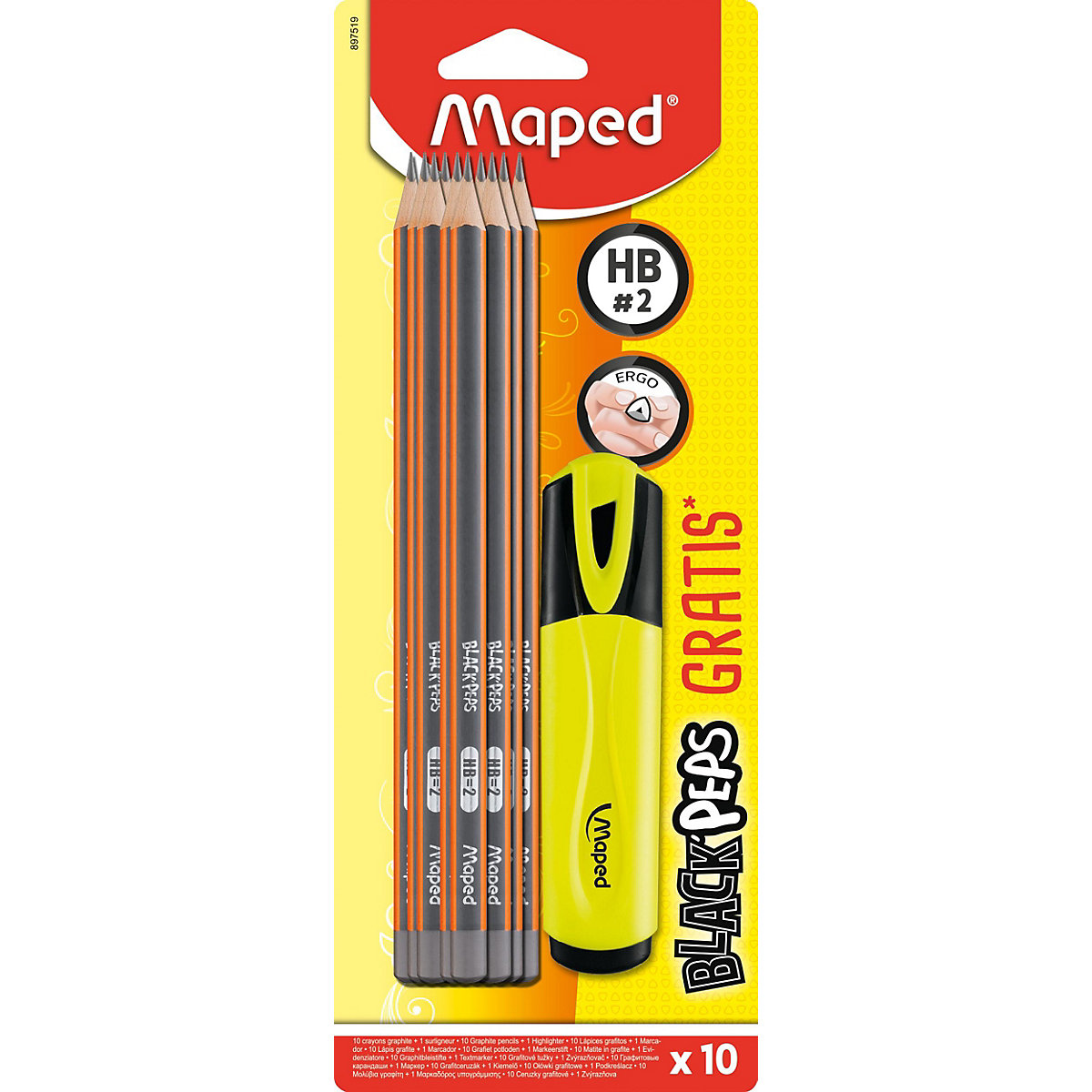 Bleistifte Black' Peps HB, 10 Stück, inkl. Leuchtmarker
