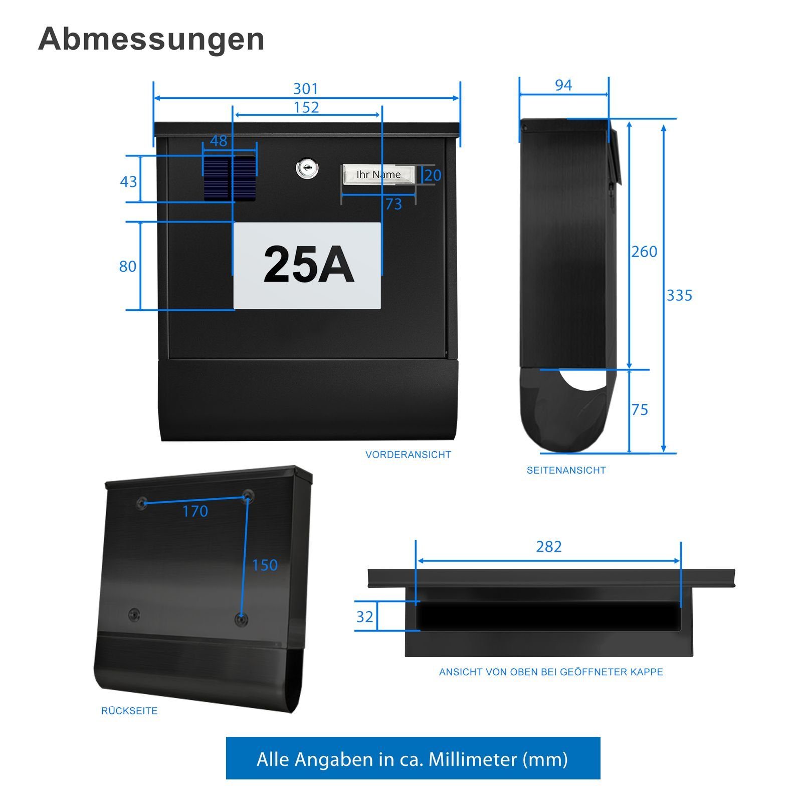 TÄGA Wandbriefkasten TÄGA Briefkasten mit Solar Hausnummer LED Beleuchtung, Zeitungsfach, Edelstahl, abschließbar, beleuchtet, einfache Montage