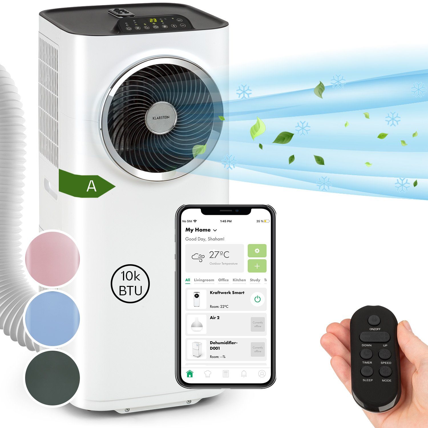 Klarstein Klimagerät Kraftwerk Smart, Klimagerät mobil Air Conditioner Kühlgerät Luftkühler