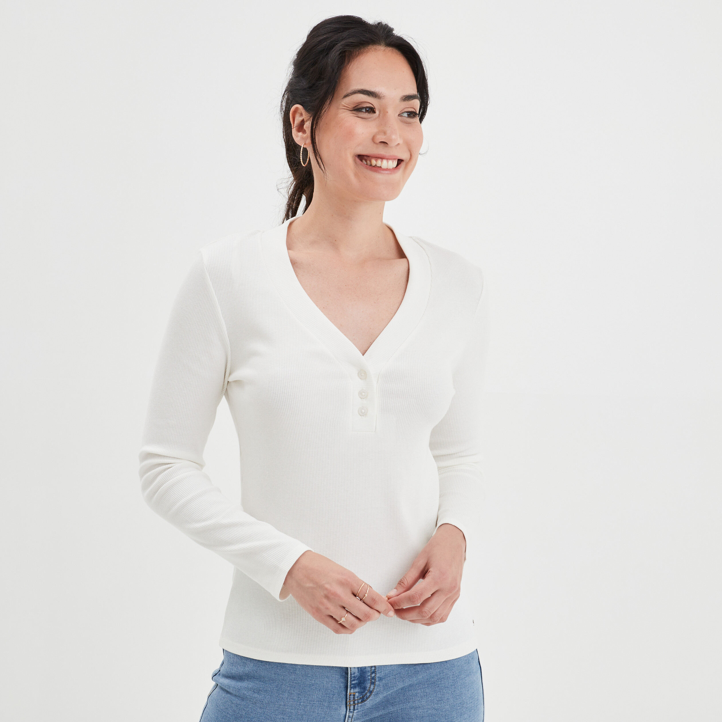 T-shirt côtelé col tunisien Creeks blanc femme | La Halle