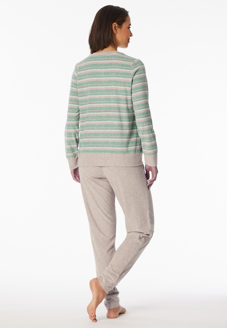 Schlafanzug lang Frottee Bündchen Ringel grün-meliert - Casual Essentials