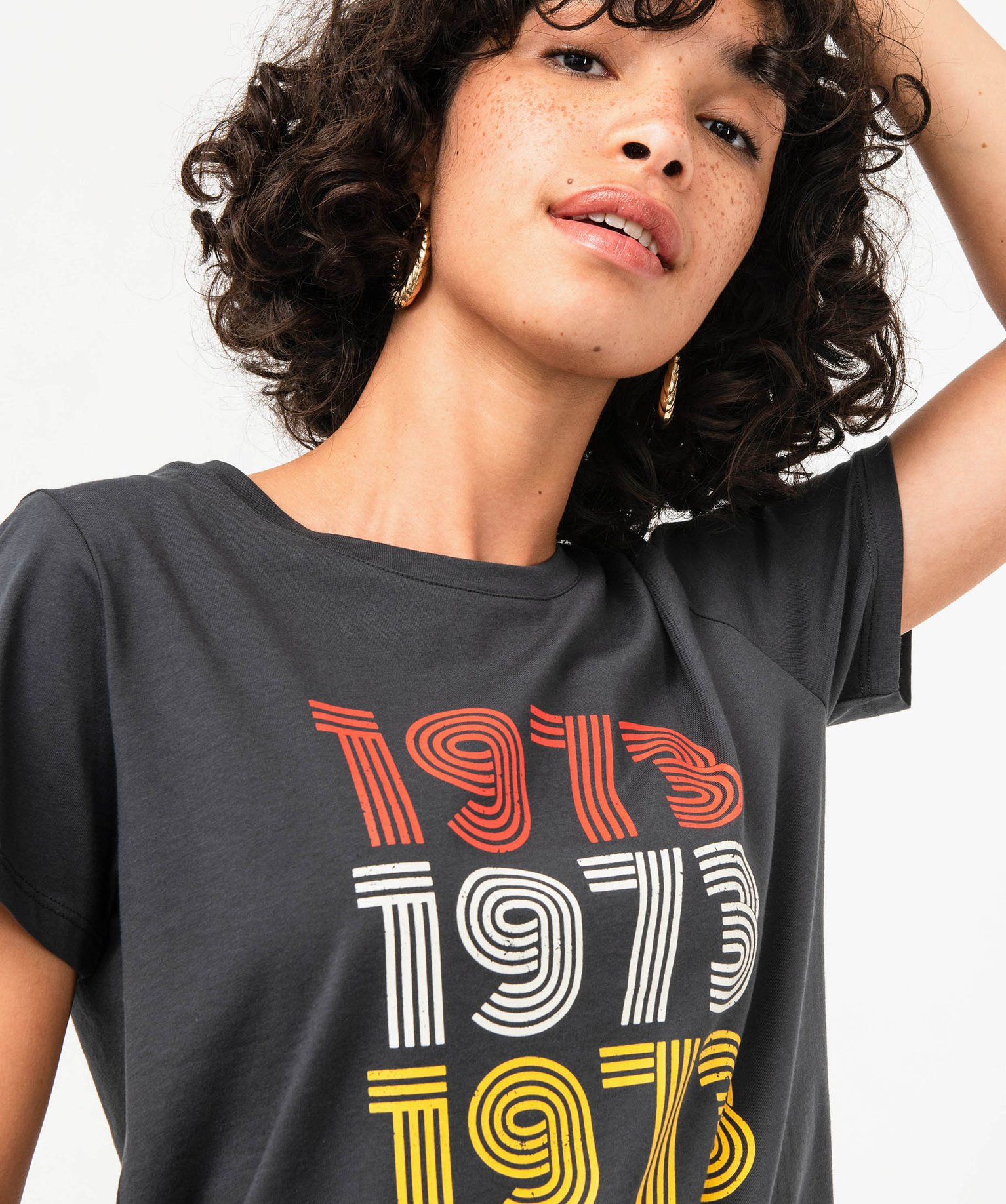 Tee-shirt à manches courtes avec inscription vintage femme gris | GEMO