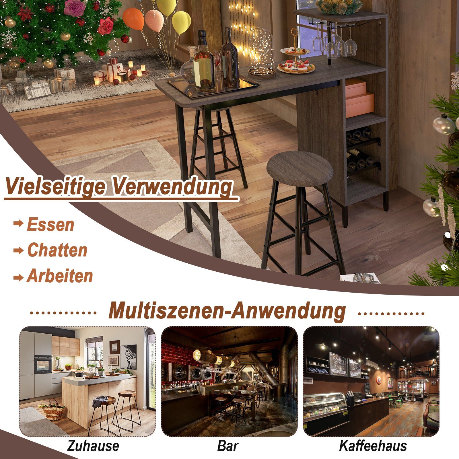 COSTWAY Bartisch (3 TLG. mit Hockern), mit Weinregal & Halterungen