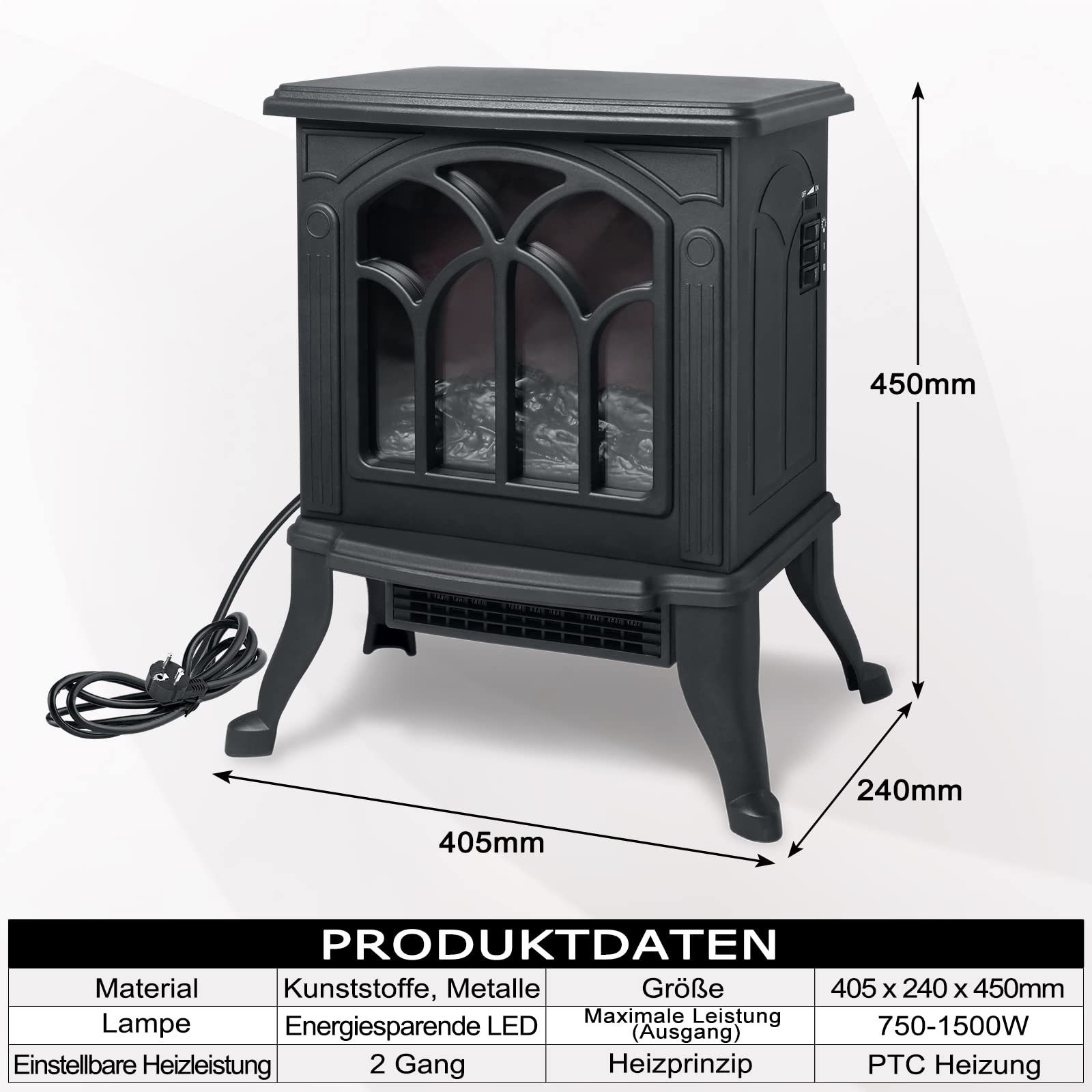 UISEBRT Elektrokamin Elektrischer Standkamin 750/1500W, mit Flammeneffekt