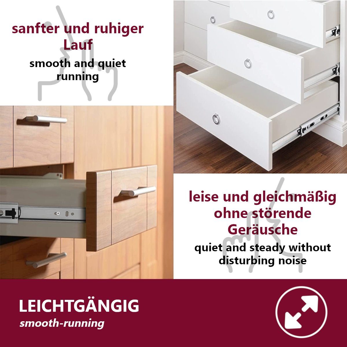 HOOZ Auszug Schubladenführung Vollauszug 30 - 60 cm (2er Set, 2 St., 1 Paar), 2er Set