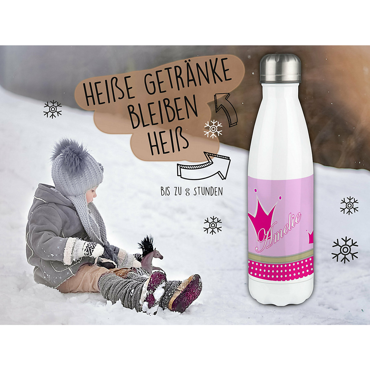 Edelstahl Kinder Thermoflasche / Trinkflasche bunt Krone Farbe pink Spülmaschinenfest, Auslaufsicher, Bruchfest, Doppelwandig, Für Heißgetränke geeignet, Mit Deckel, Isoliert
