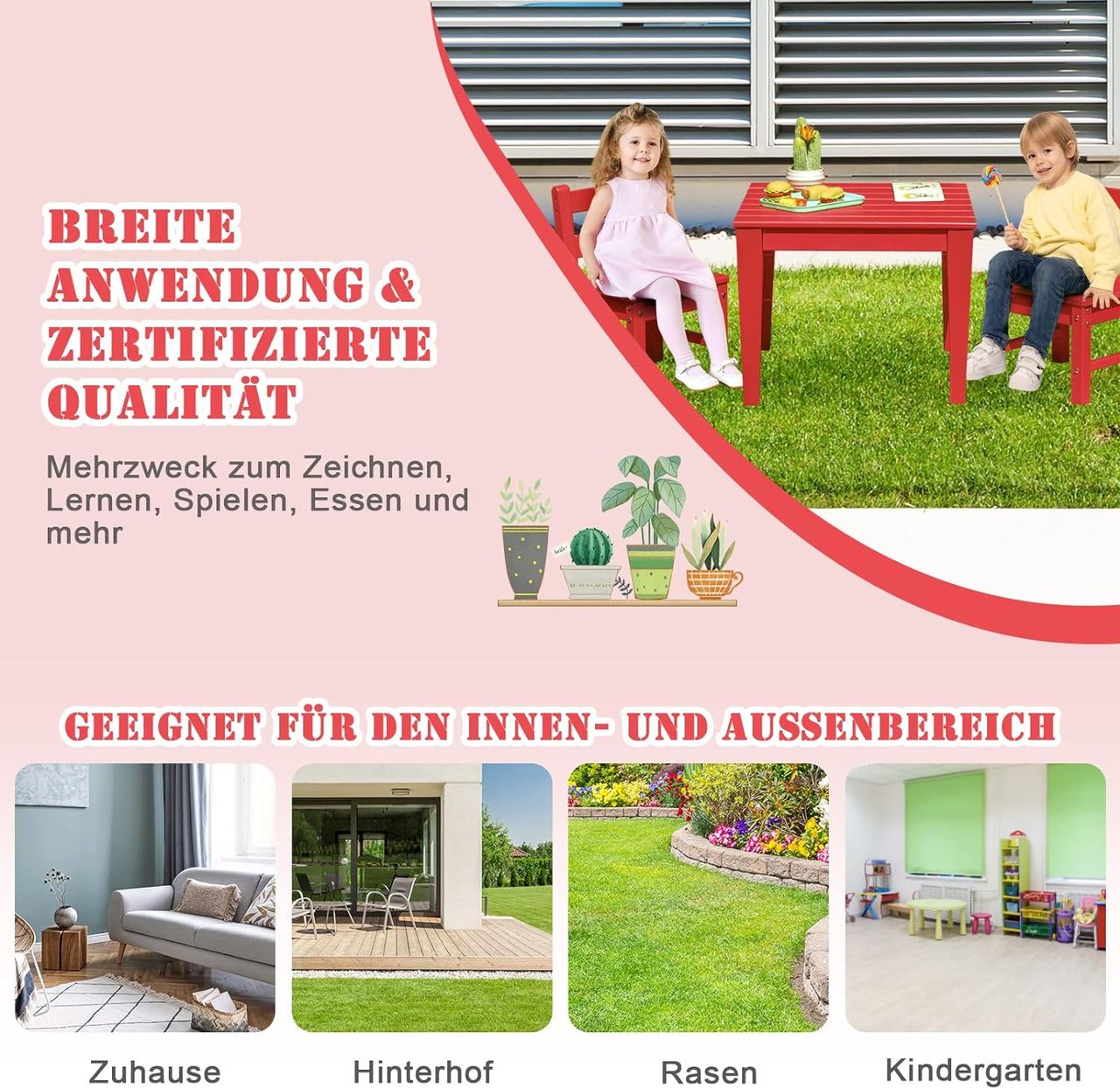 Costway 3-teiliges Tisch- & Stuhlset, Spieltisch-Set für Kleinkinder aus Holz