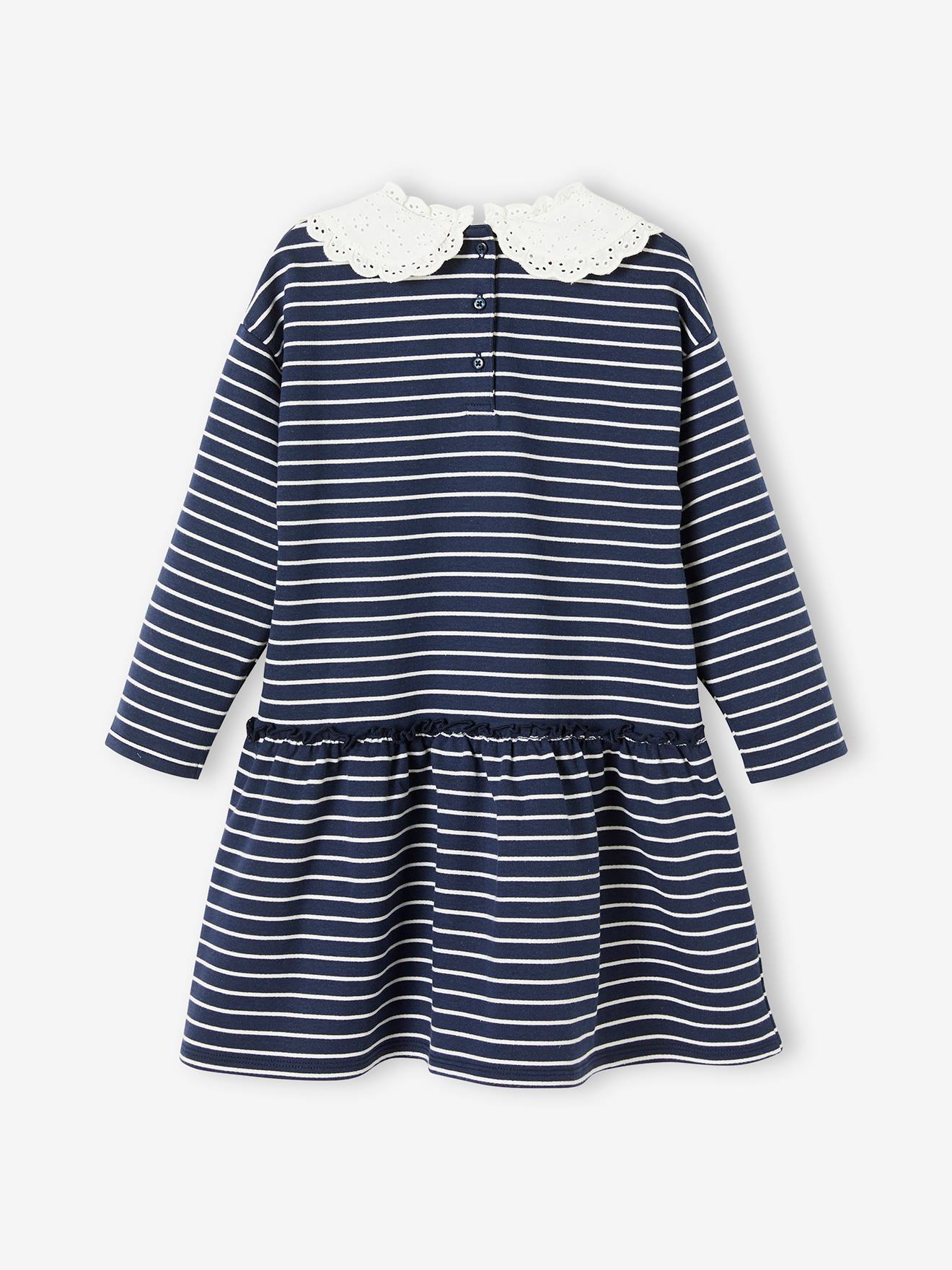 Robe marinière col Claudine fille encre rayé