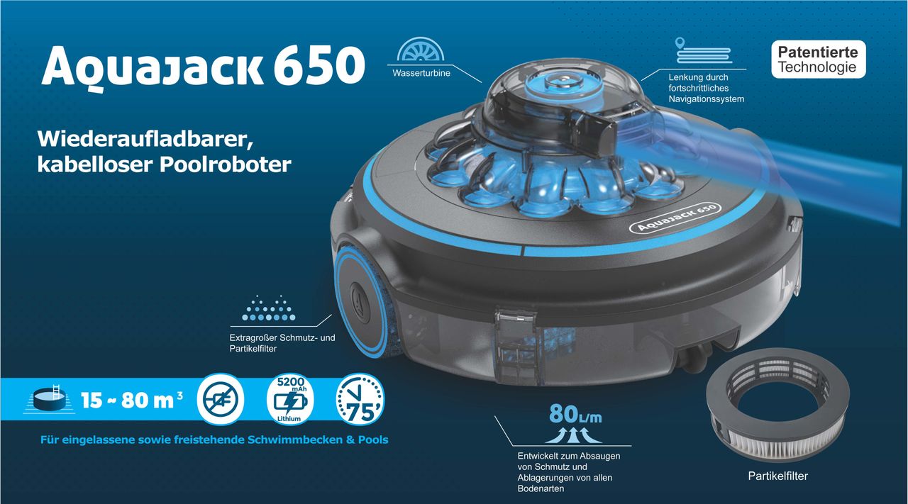 HC Garten & Freizeit Aquajack 650, wiederaufladbarer kabelloser Schwimmbadreiniger für Aufstellbecken