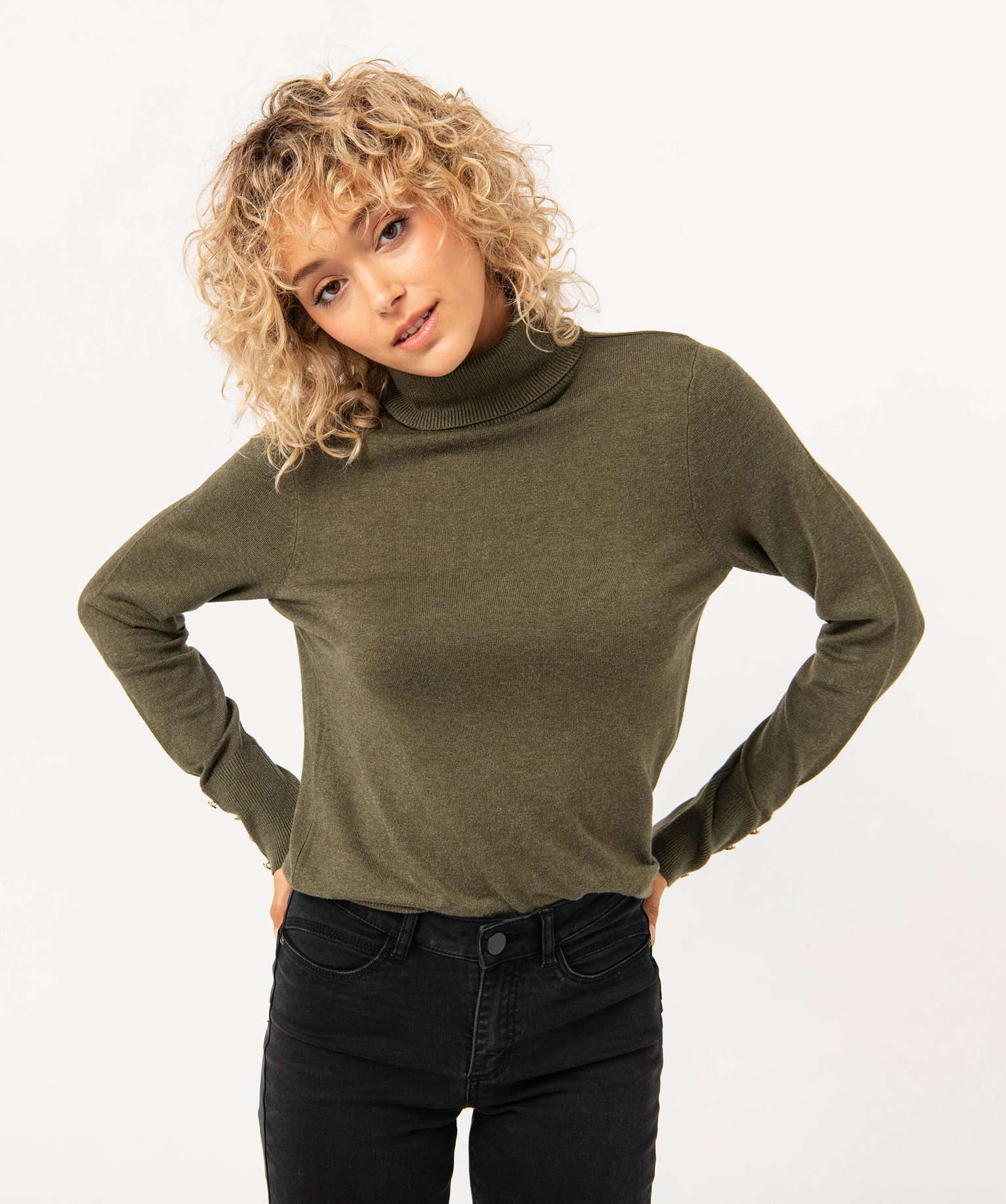 Pull à col roulé en maille fine femme vert | GEMO