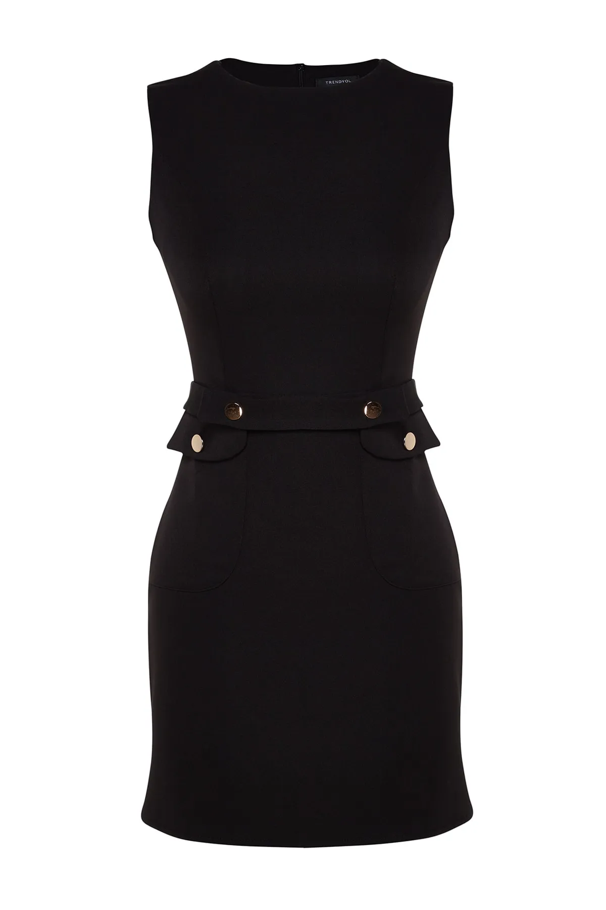 Trendyol Collection  Schwarzes, figurbetontes Minikleid aus Webstoff mit Taschen und Gürtel TWOSS23EL02037