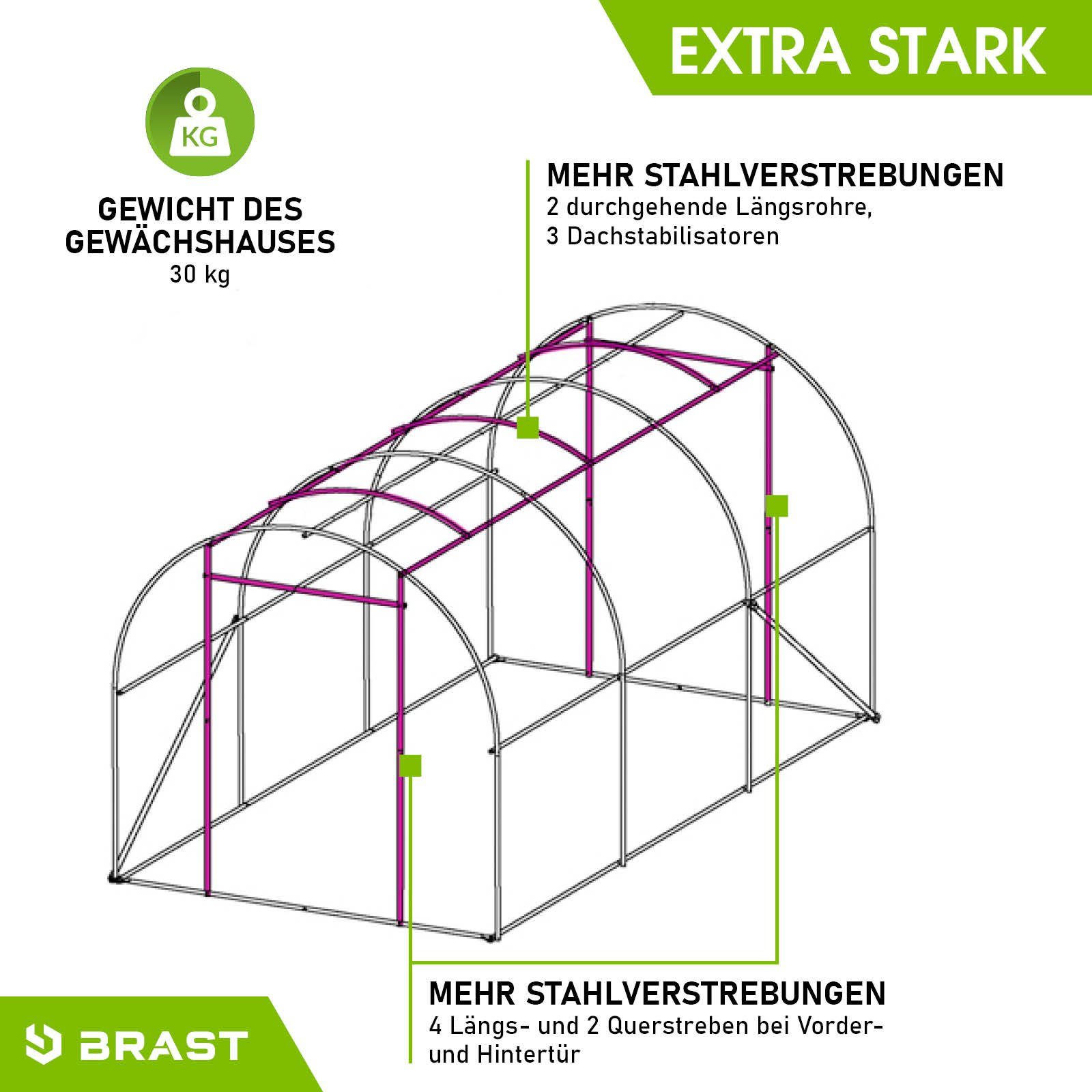 BRAST Foliengewächshaus Gewächshaus mit Stahlfundament 4 Größen 2x3m 3x4m 3x6m 3x8m, Erdanker Gitternetzfolie 175g/m² schwere Qualität