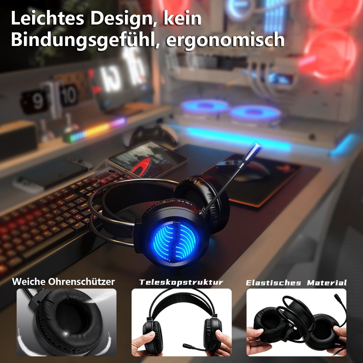 BUMHUM Gaming-Headset,Bunte LED-Beleuchtung, USB-Kabel Gaming-Headset (Over-Ear-Design: Gaming-Headset mit starkem Bass und Mikrofon)