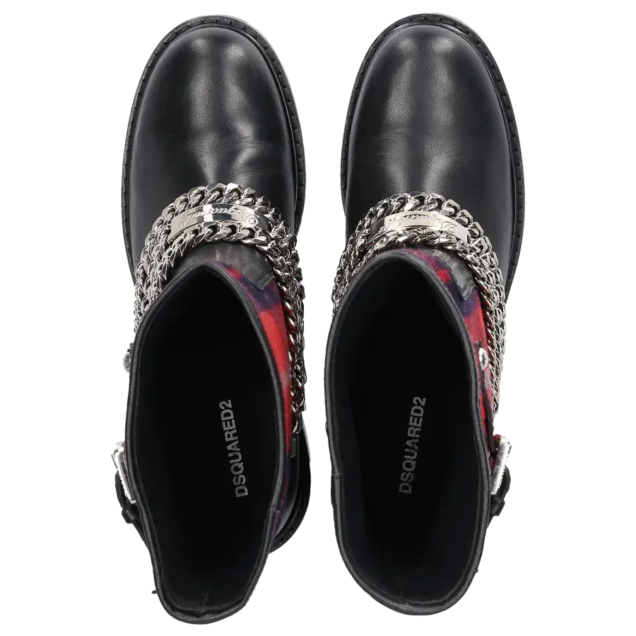 Dsquared2 - Stiefeletten Baumwollmischung Kalbsleder Zierkette Zierschnalle rot schwarz - schwarz