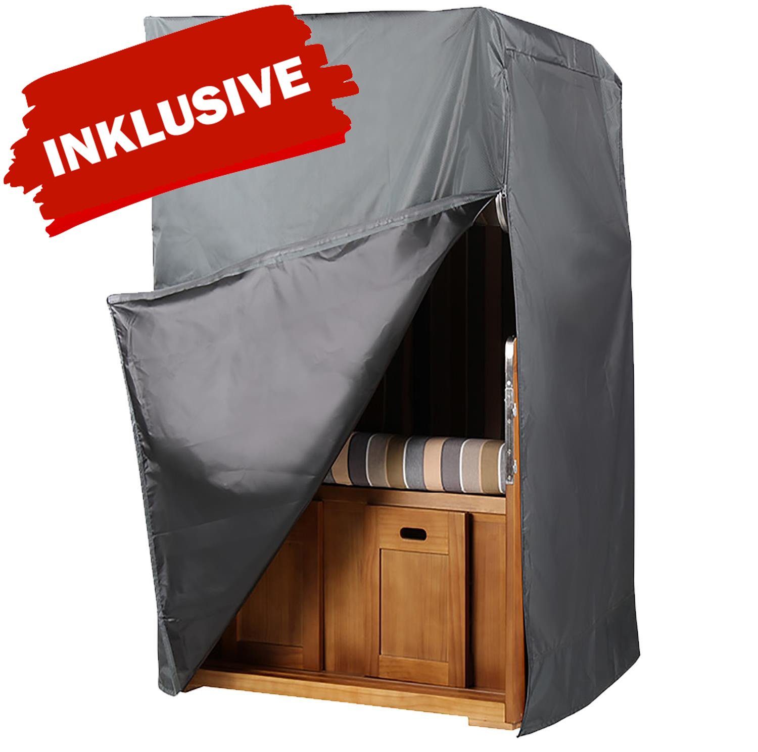 bene living Strandkorb Schaalsee 1-Sitzer Mahagoni - PE grau - Modell 518, BxTxH: 102x92x165 cm, Volllieger ca. 175 Grad, Ostsee-Strandkorb Komplettset, inkl. Liftersystem