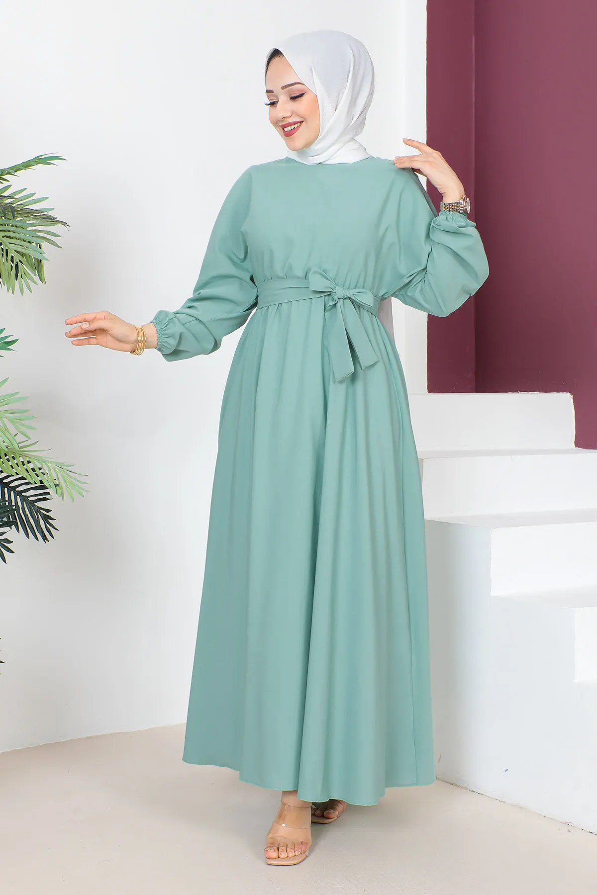 Tesettür Dünyası  Kleid mit Taillengürtel TSD230611 Mintgrün