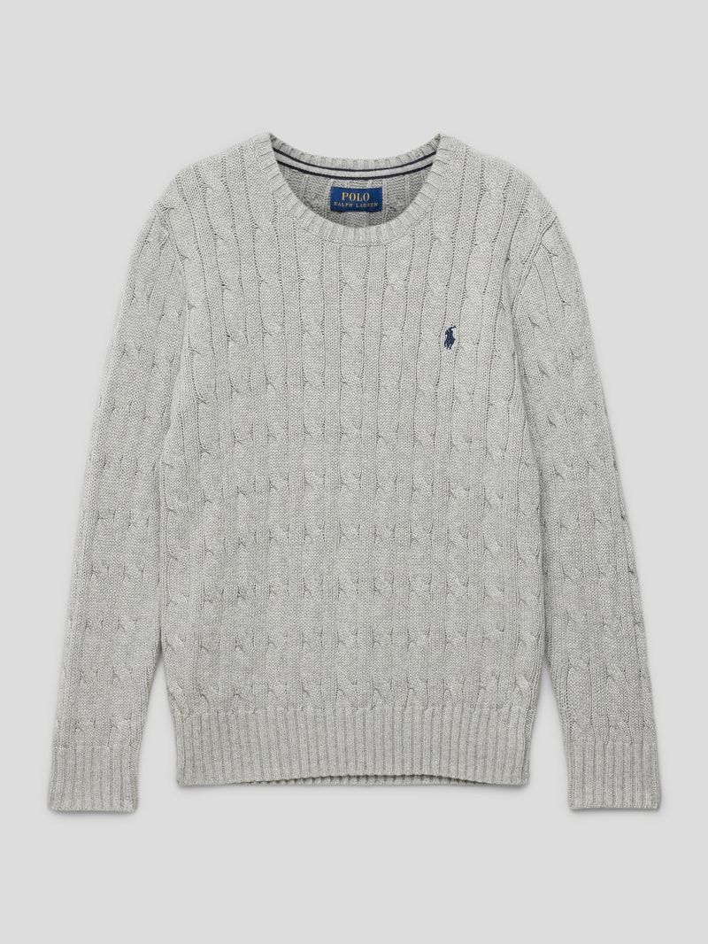 Strickpullover mit Zopfmuster und Logo-Stitching in mittelgrau meliert