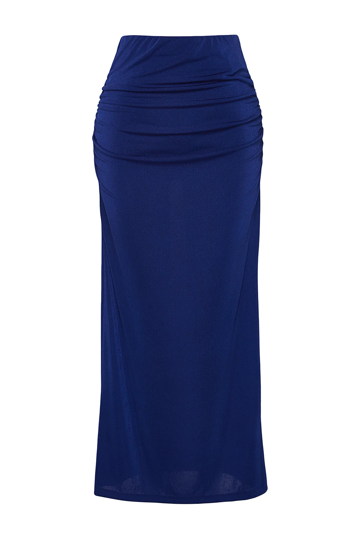 Trendyol Collection  Marineblauer, drapierter Maxi-Strickrock mit hochwertiger, glänzender Oberfläche und weicher Textur TWOAW24ET00090