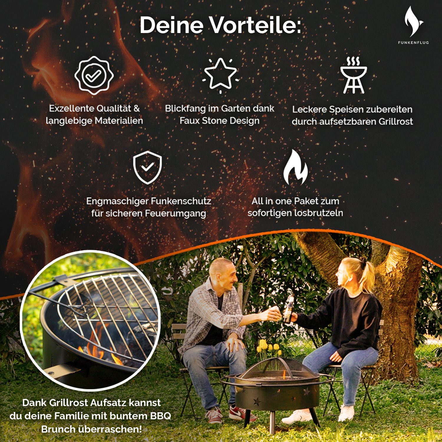 Funkenflug Feuerschale Feuerschale mit Funkenschutz in atemberaubender Mond und Sterne Optik, (Feuerschale inkl. Grillzubehör, Feuerkorb mit Grillrost & Grill Abdeckhaube), - Feuerstelle für geselliges Ambiente -