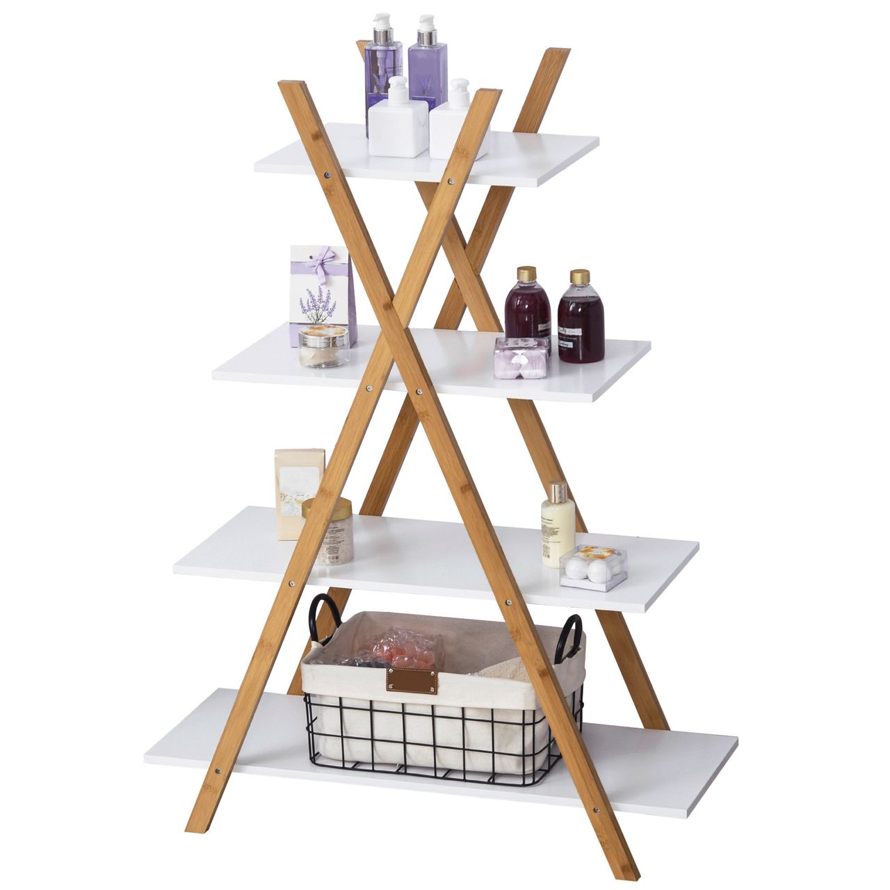 HOMCOM kleankin Badregal, 4 Ebenen Treppenregal, Leiterregal, Badezimmer, Bambus, Natur Weiß, 80 x 33 x 109 cm
