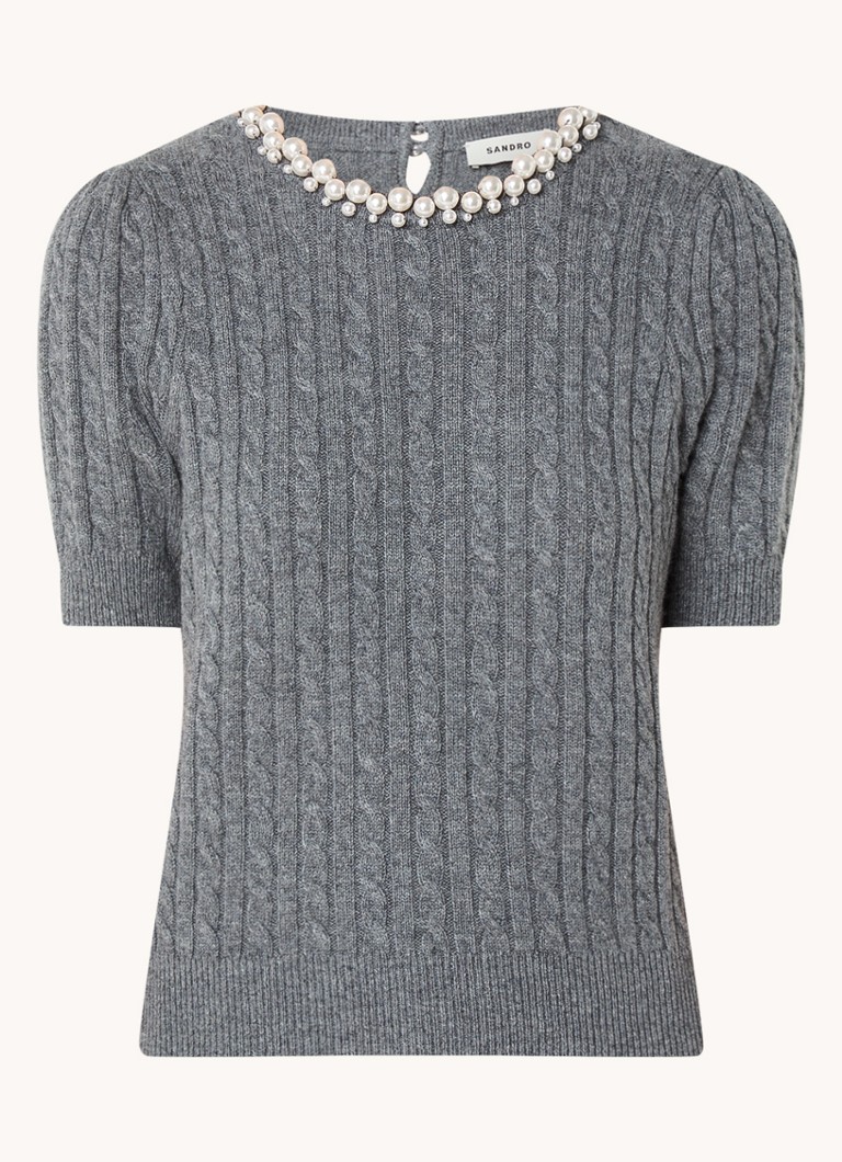 Sandro Cable knit top in cashmere blend with faux pearls