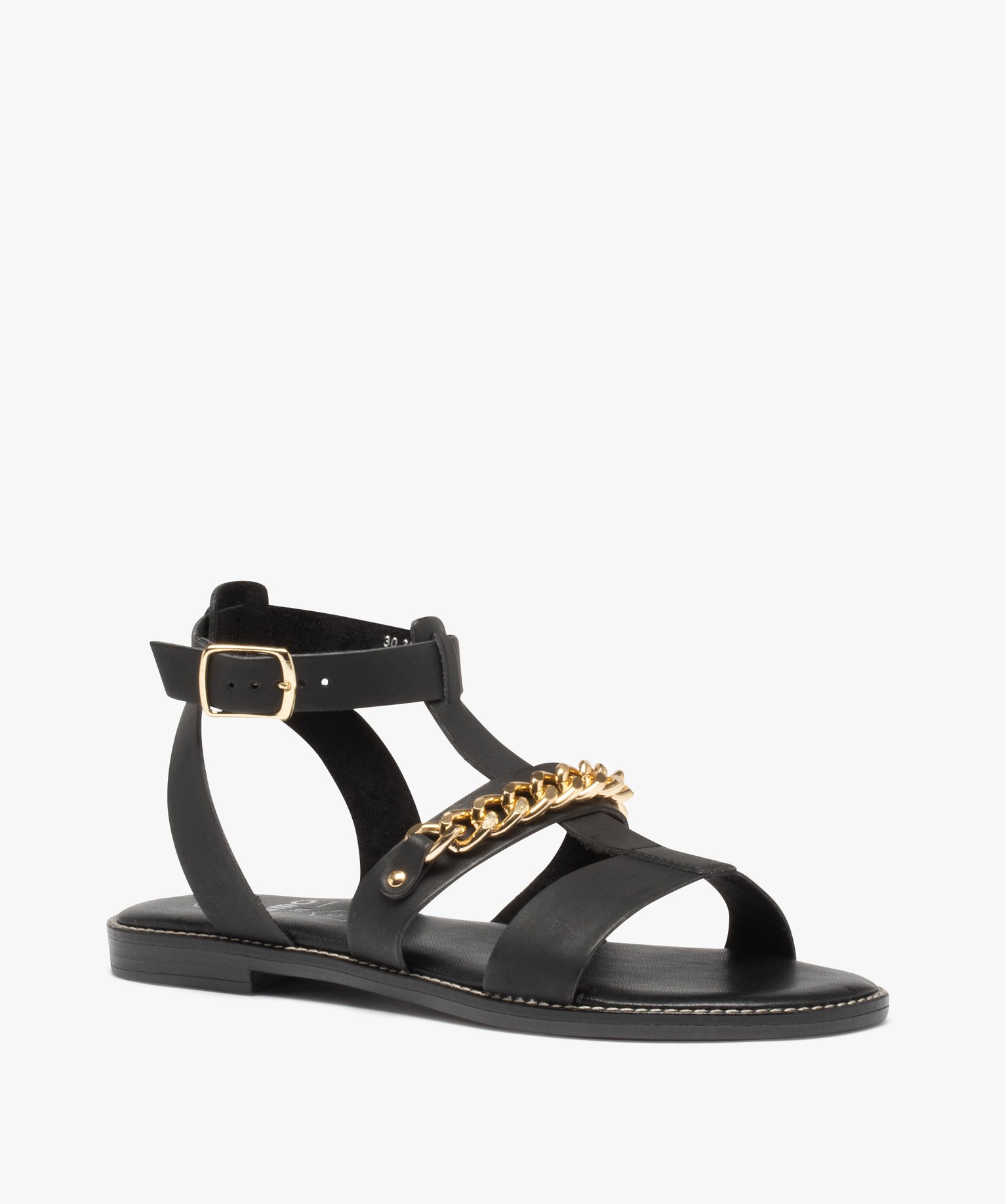Sandales femme à talon plat et brides unies avec chane noir | GEMO
