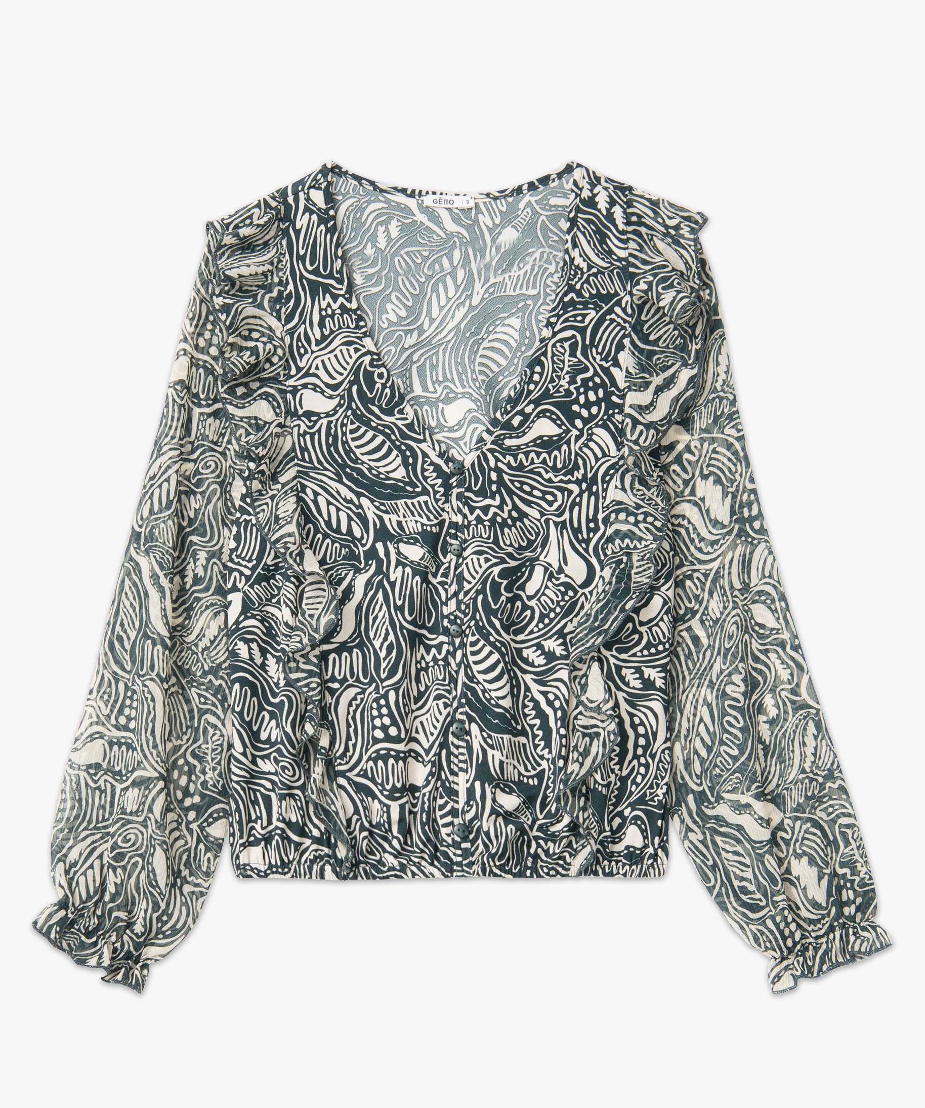 Tee-shirt femme imprimé à manches longues en voile et volants vert | GEMO