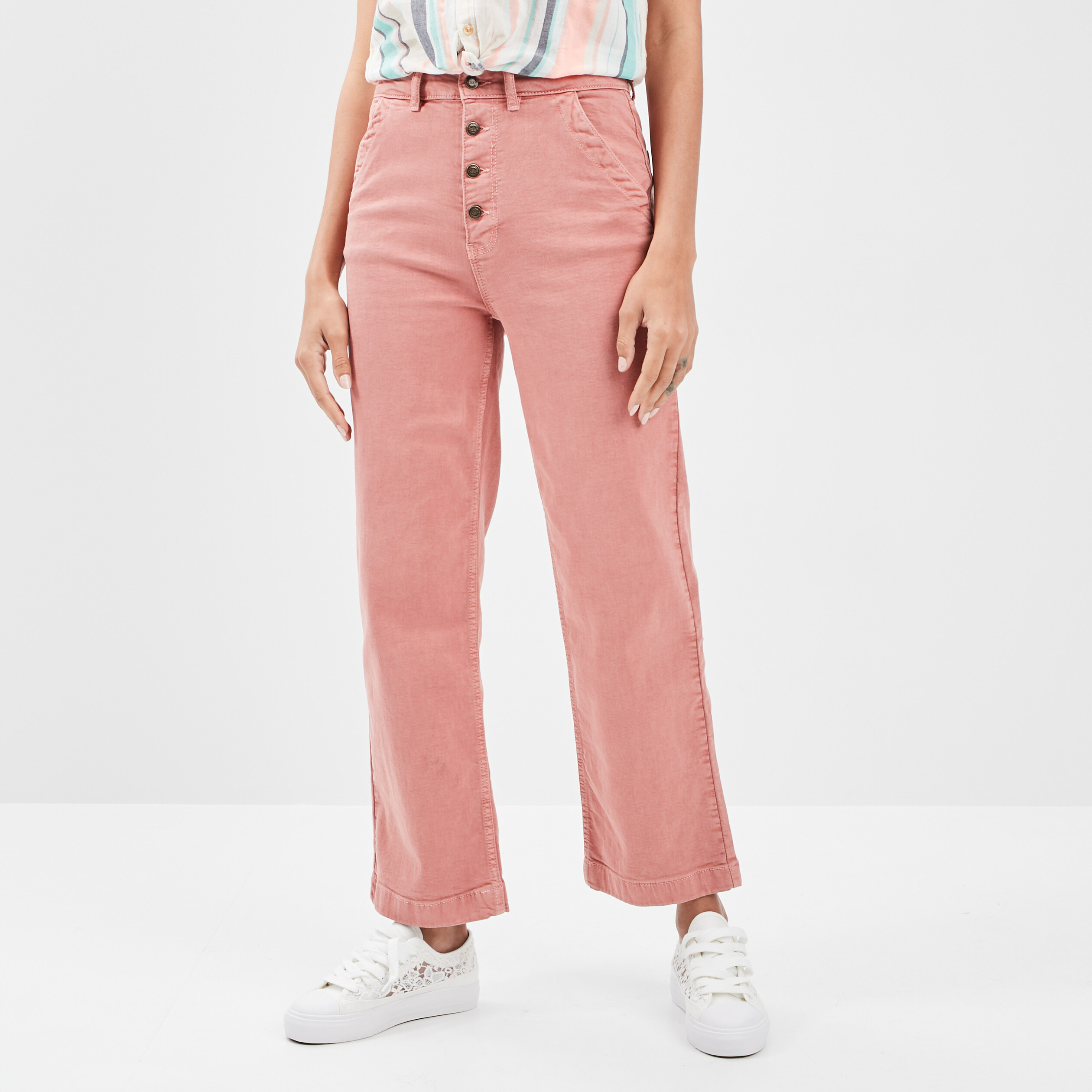 Pantalon jambe large 7 8ème boutonné rose framboise femme | La Halle