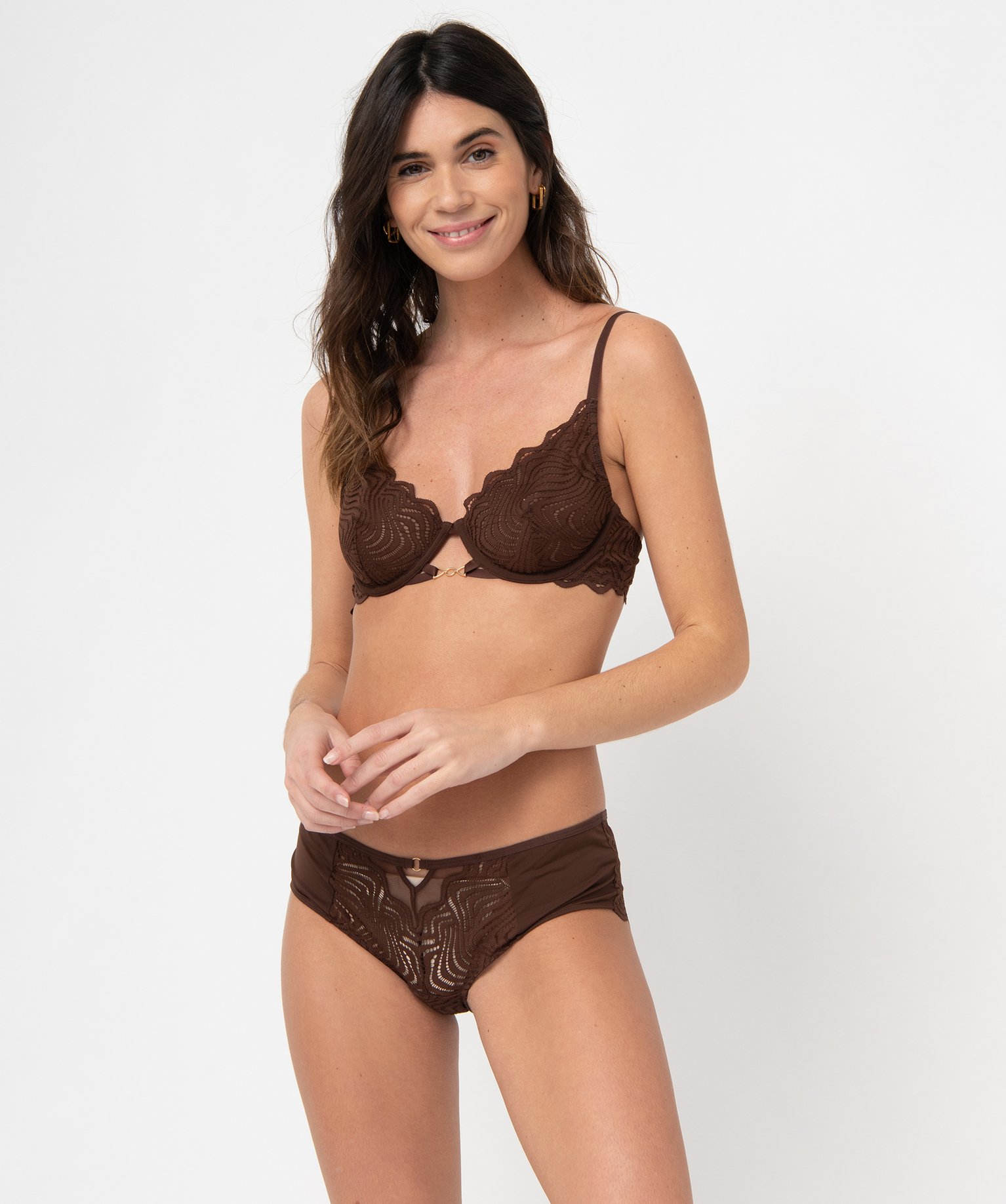 Shorty femme en dentelle et microfibre marron | GEMO