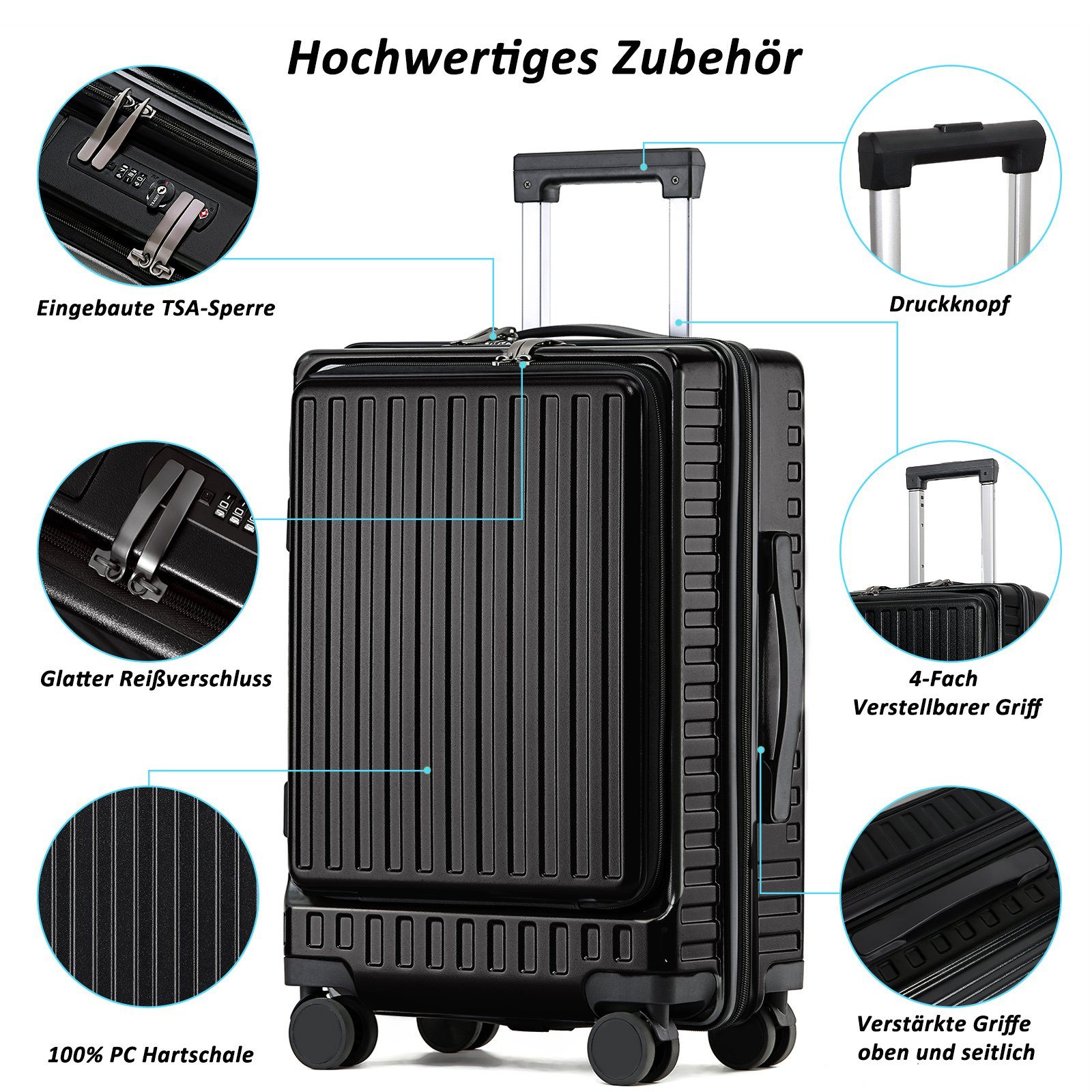 CALIYO Hartschalen-Trolley Business Trolly, Roll-Reisekoffer, Trolley Rollkoffer Erweiterbar, 4 Rollen, Trolley Rollkoffer Reisekoffer Erweiterbar mit Laptopfach