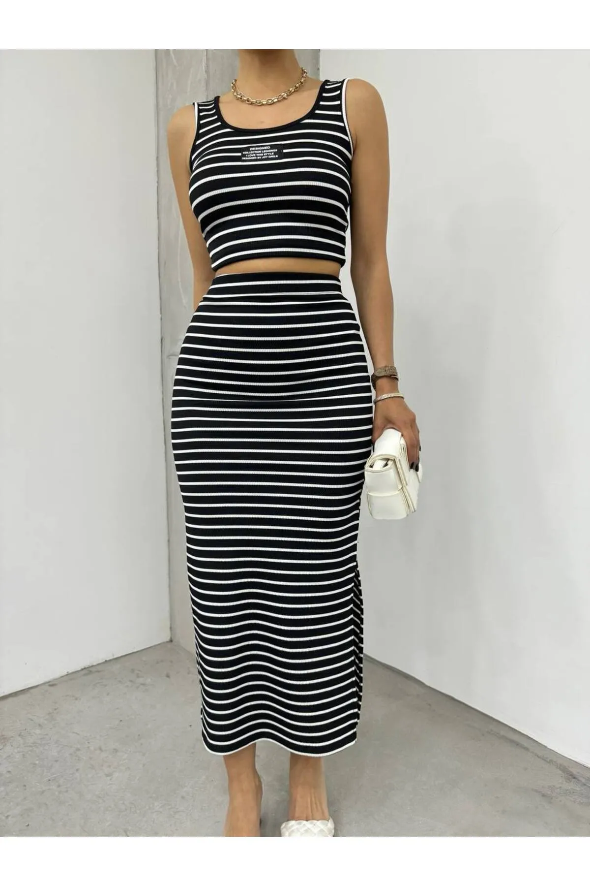 BİKELİFE  Damen-Set mit gestreiftem Crop-Top und Midirock