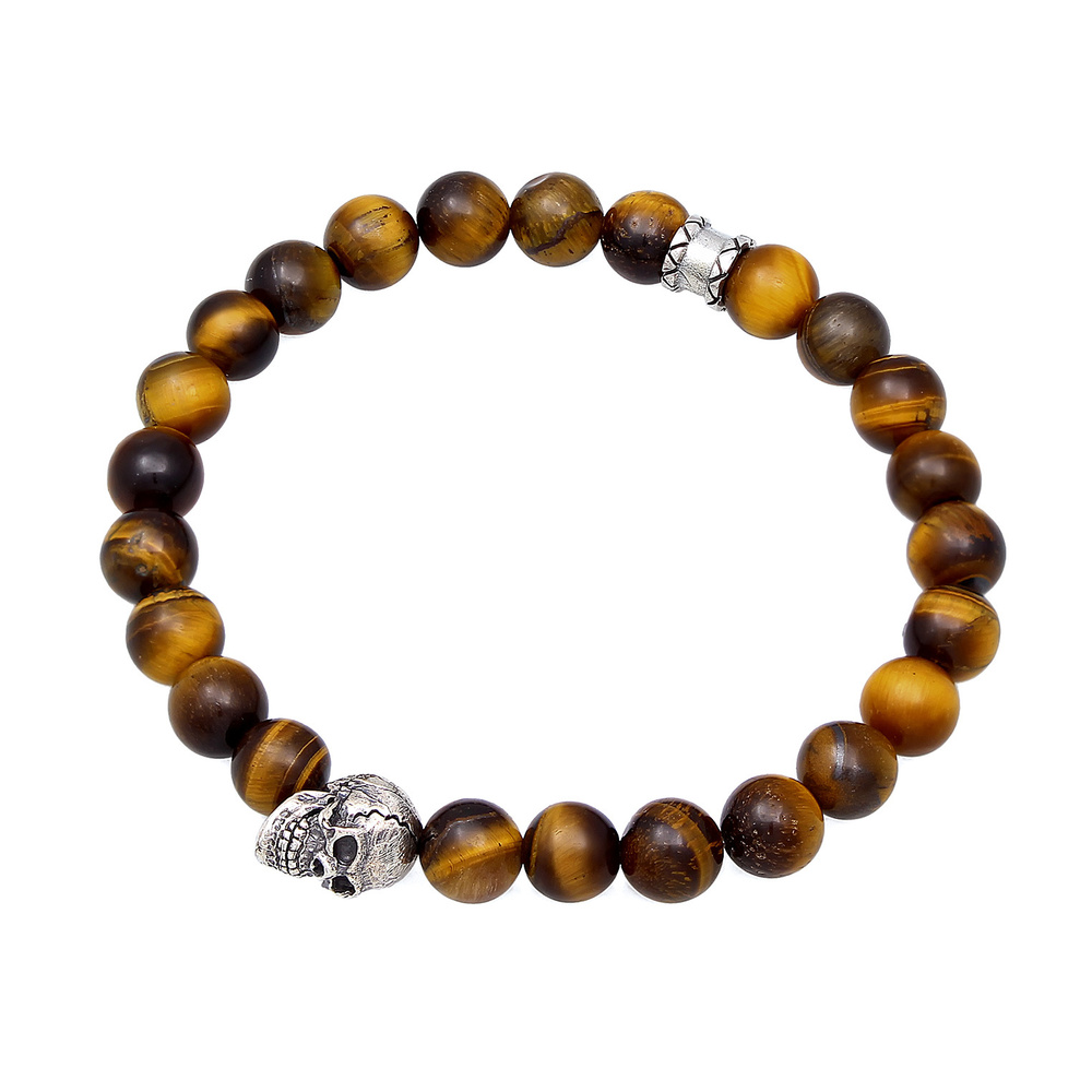 KUZZOI KUZZOI Bracelet Hommes symbole tête de mort avec perles d'oeil de tigre en argent Bracelet
