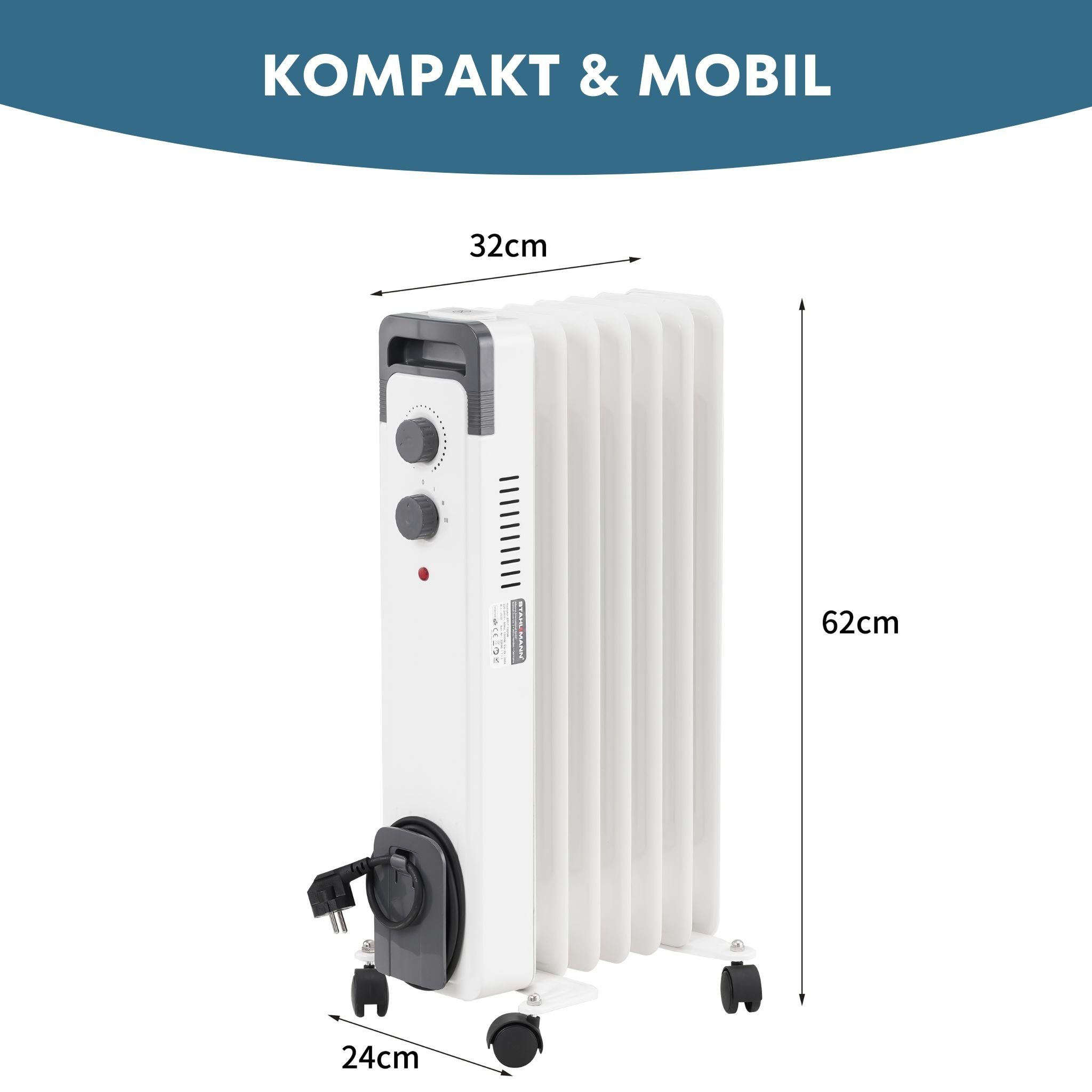 Stahlmann Heizgerät STAHLMANN Radiator Elektroheizung ZR17, 1500 W, Heizung Elektrisch mit Thermostat und 3 Heizstufen, Heizgerät