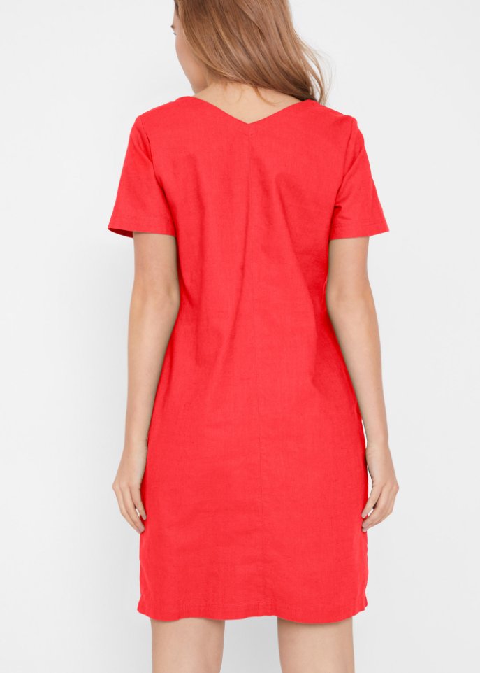 Knielanges Kleid mit Leinen und V-Ausschnitt, Halbarm