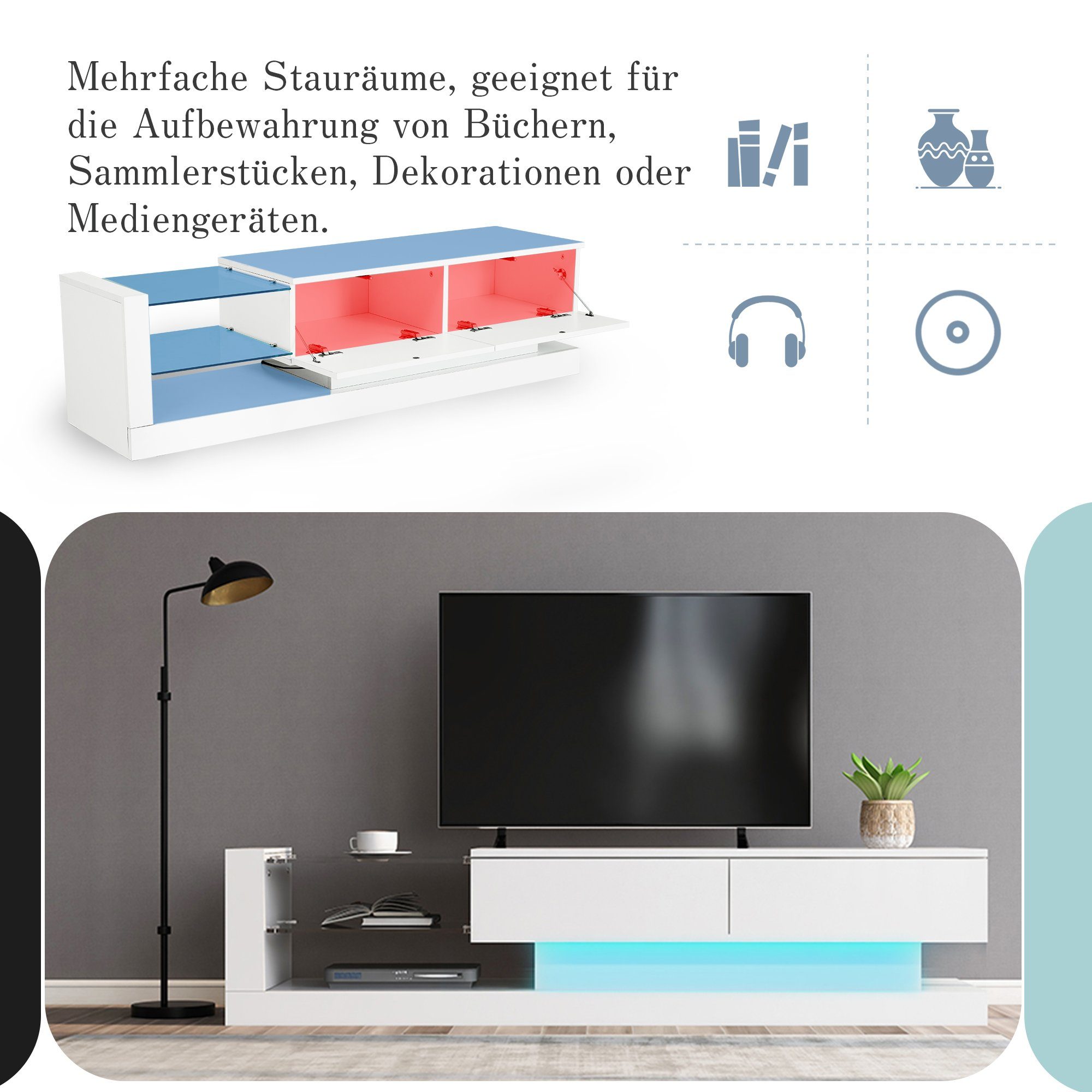 REDOM TV-Schrank TV-Schrank hochglanz mit Klapptüren (Breite:140cm) TV-Schrank, mit Glasablagen und LED-Beleuchtung