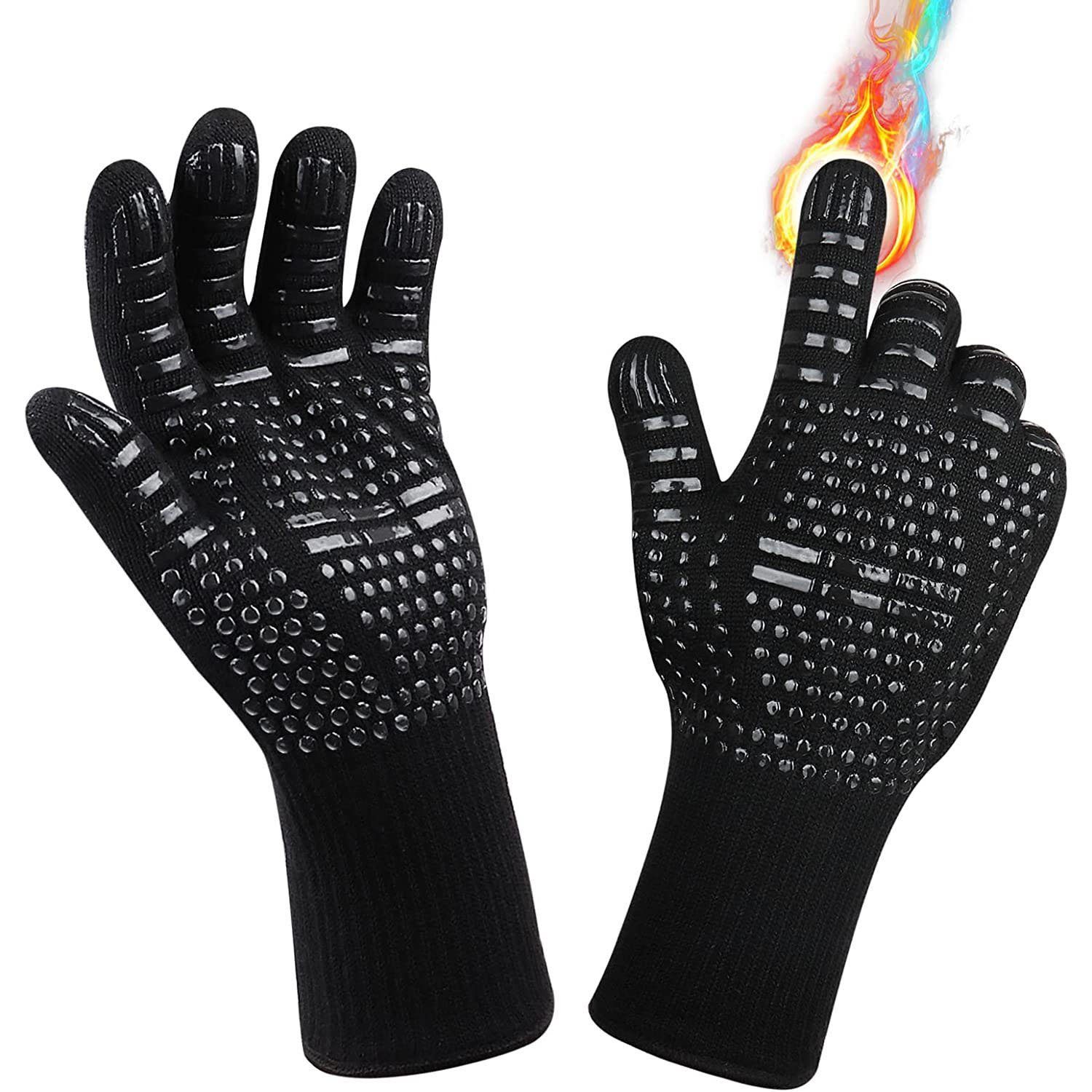 YYV Topflappen Hitzebeständig 800 Grad,Feuerfeste Handschuhe mit Silikonbeschichtung, rutschfeste Waschbare Weber Grill Handschuh BBQ Gloves für BBQ,Backen