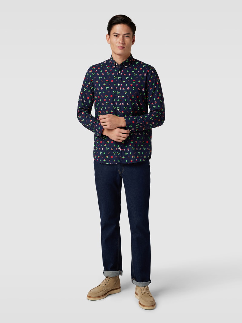 Regular Fit Freizeithemd mit Allover-Muster in marineblau