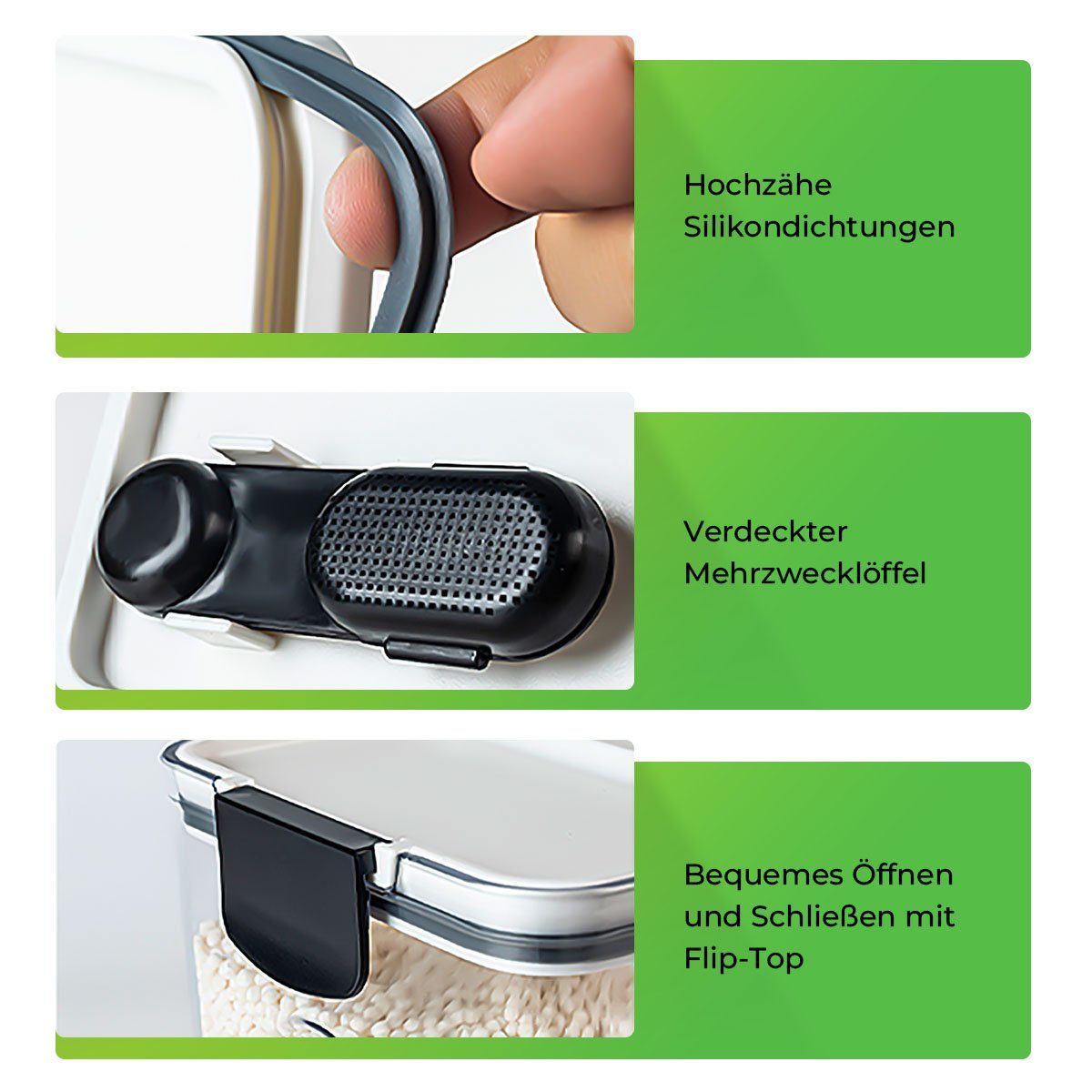 7Magic Vorratsdose 4-tlg Aufbewahrungsbox Küche Organizer Insgesamt 8950ml Vorratsdosen, AS+ABC+Silikon, (4-tlg), Vorratsdosen-Set mit großer Öffnung, inklusive Löffel und Sieb