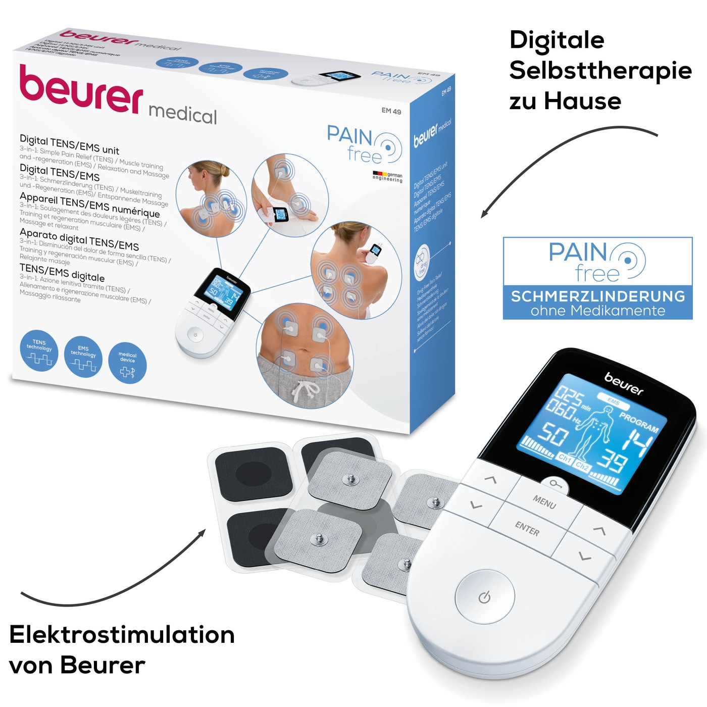 Beurer Digital TENS/EMS EM 49-3-in-1 EMS-TENS-Gerät - Schmerztherapie, Muskelstimulation & Massage