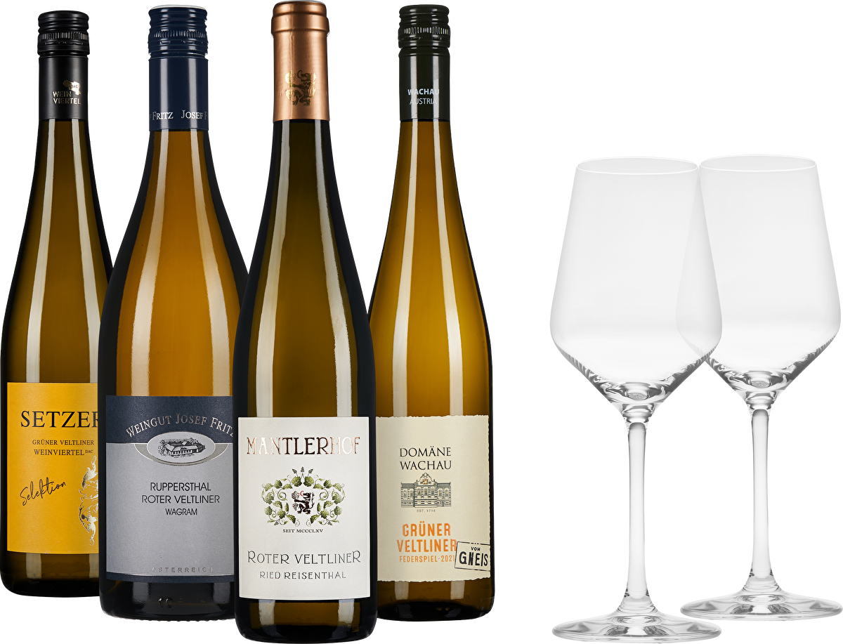 Roter und Grüner Veltliner Probierpaket  + 2 Gläser gratis