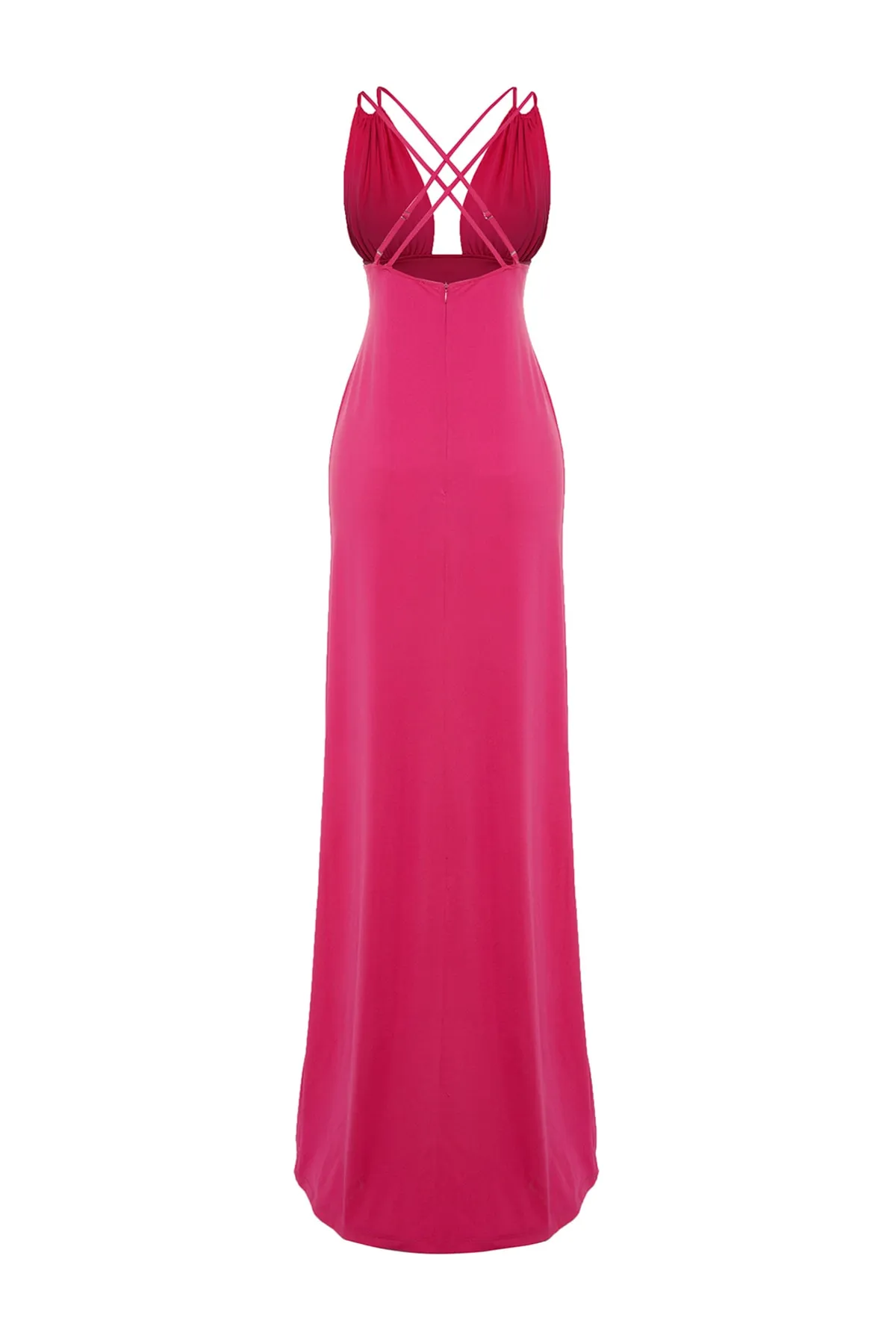 Trendyol Collection  Fuchsiafarbenes, gefüttertes, langes Abendkleid aus Strick TPRSS23AE00011