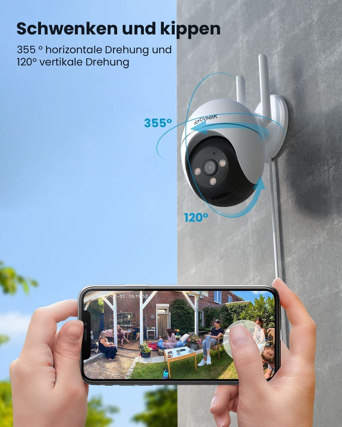ieGeek ieGeek 2K Überwachungskamera Aussen WLAN PTZ IP Kamera überwachung Überwachungskamera (AuBenbereich, Outdoor, außen, 3dBi wifi antenna, Alarmbenachrichtigung, Videoverlauf,Mit der Familie teilen,All-in-1 APP, WiFi Dome Camera,Farbiger Nachsich