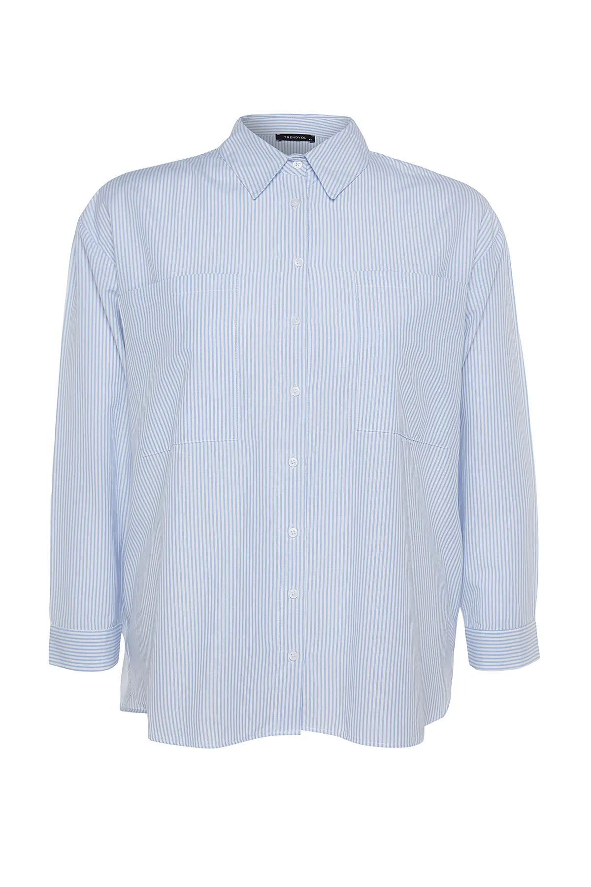 Trendyol Curve  Blau gestreiftes Popeline-Hemd TBBAW24AX00001