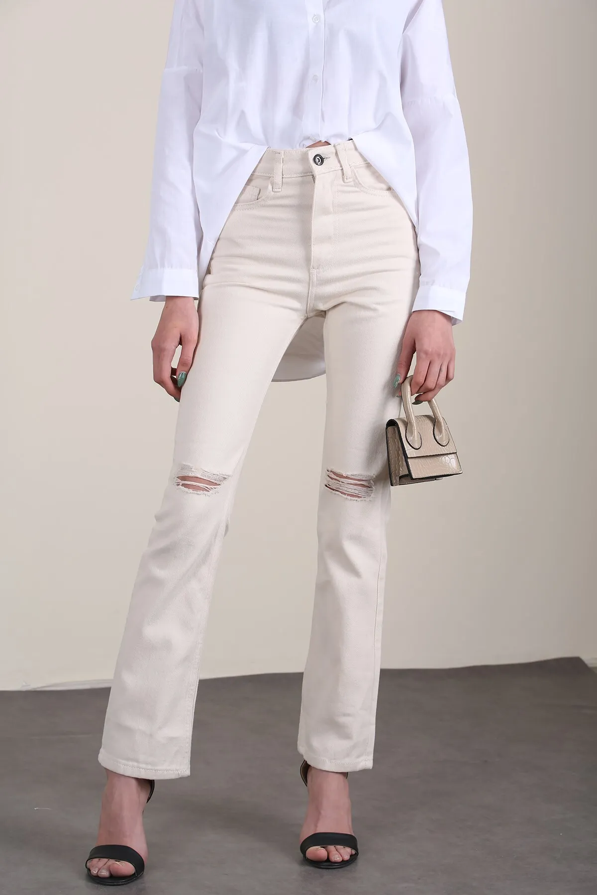 Madmext  Mad Girls Beige zerrissene, detaillierte Slim-Fit-Jeans Mg1305