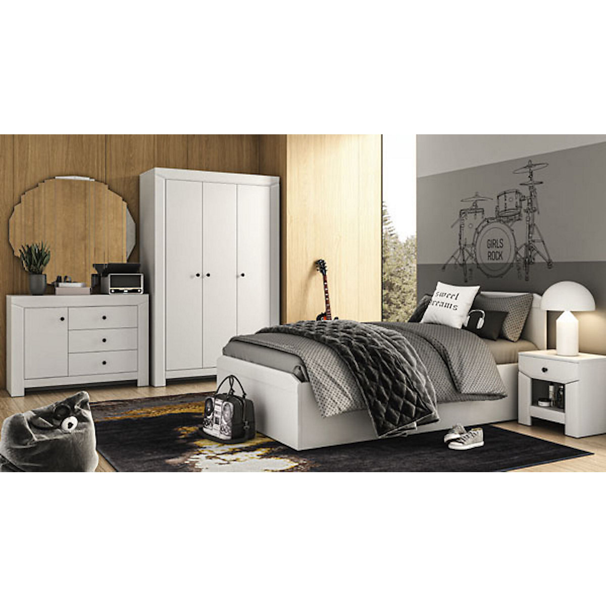Jugendzimmer-Set Terni 5-teilig mit  Kleiderschrank, Bett, Nachtkonsole, Wandboard und Schreibtisch
