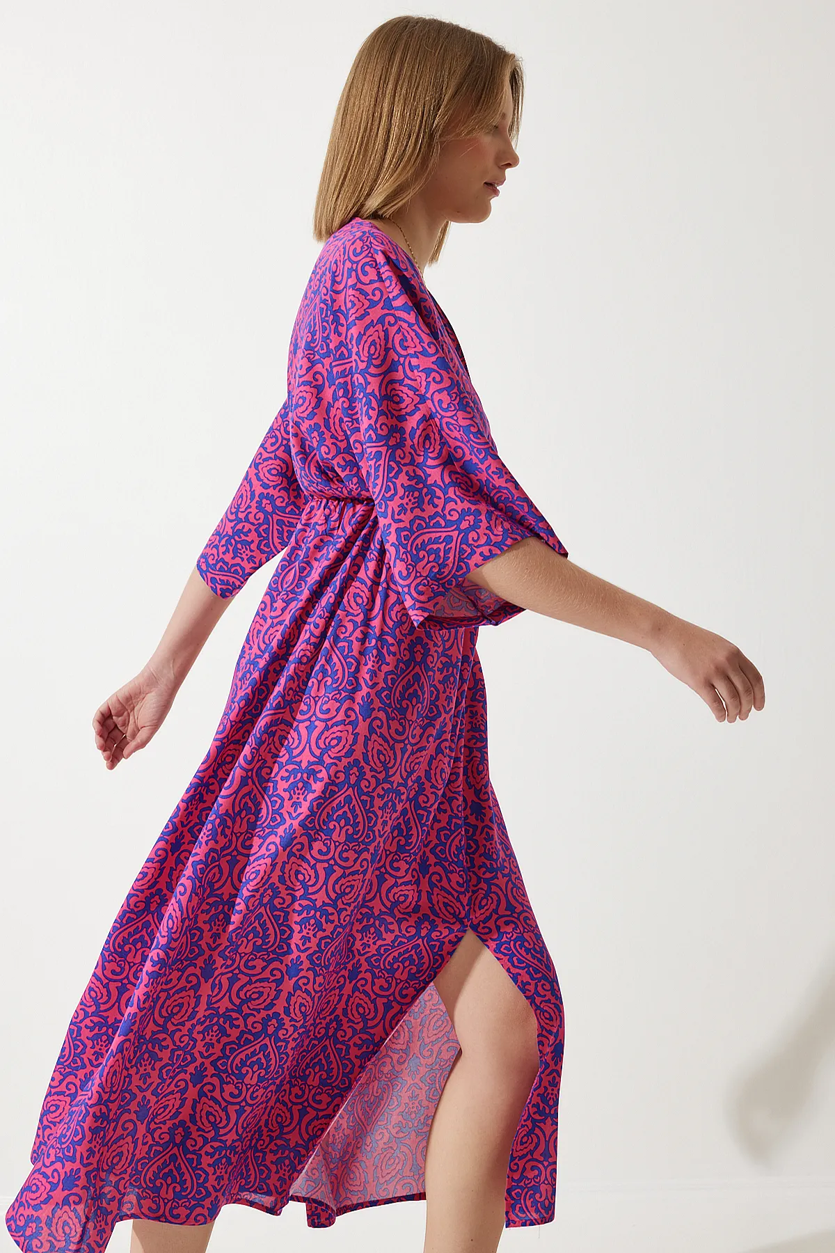 Happiness İstanbul  Damen-Sommerkleid aus Viskose in Dunkelrosa und tiefem V-Ausschnitt CI00081