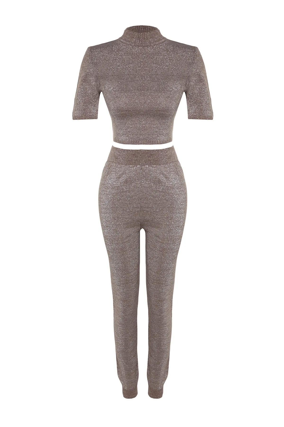 Trendyol Collection  Nerzfarbenes, superkurzes Glitzer-Set aus Bluse, Hose und Strickoberteil TWOAW24AU00075